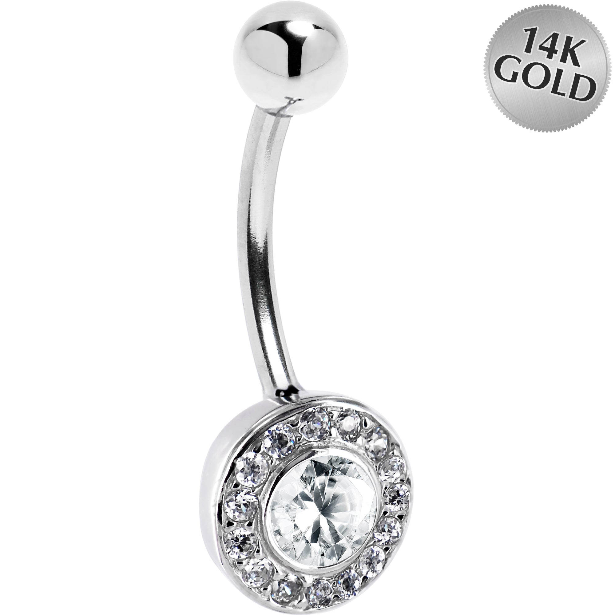 16 Gauge Solid 14KT White Gold Cubic Zirconia ROUND Belly Ring