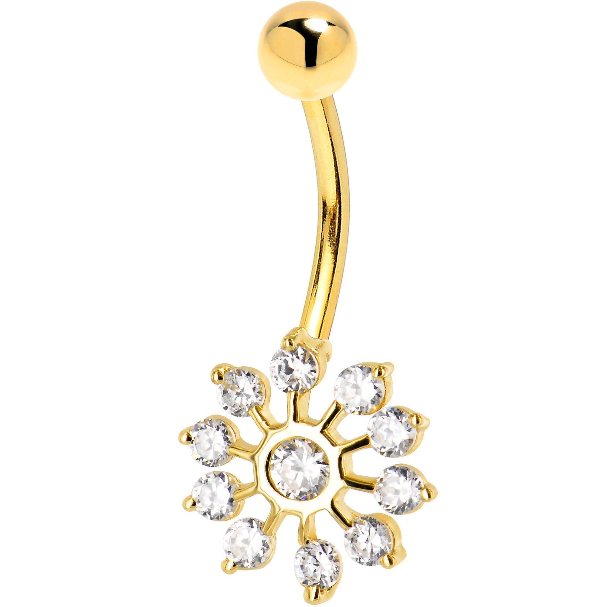 16 Gauge Solid 14KT Yellow Gold Cubic Zirconia PEACOCK Belly Ring