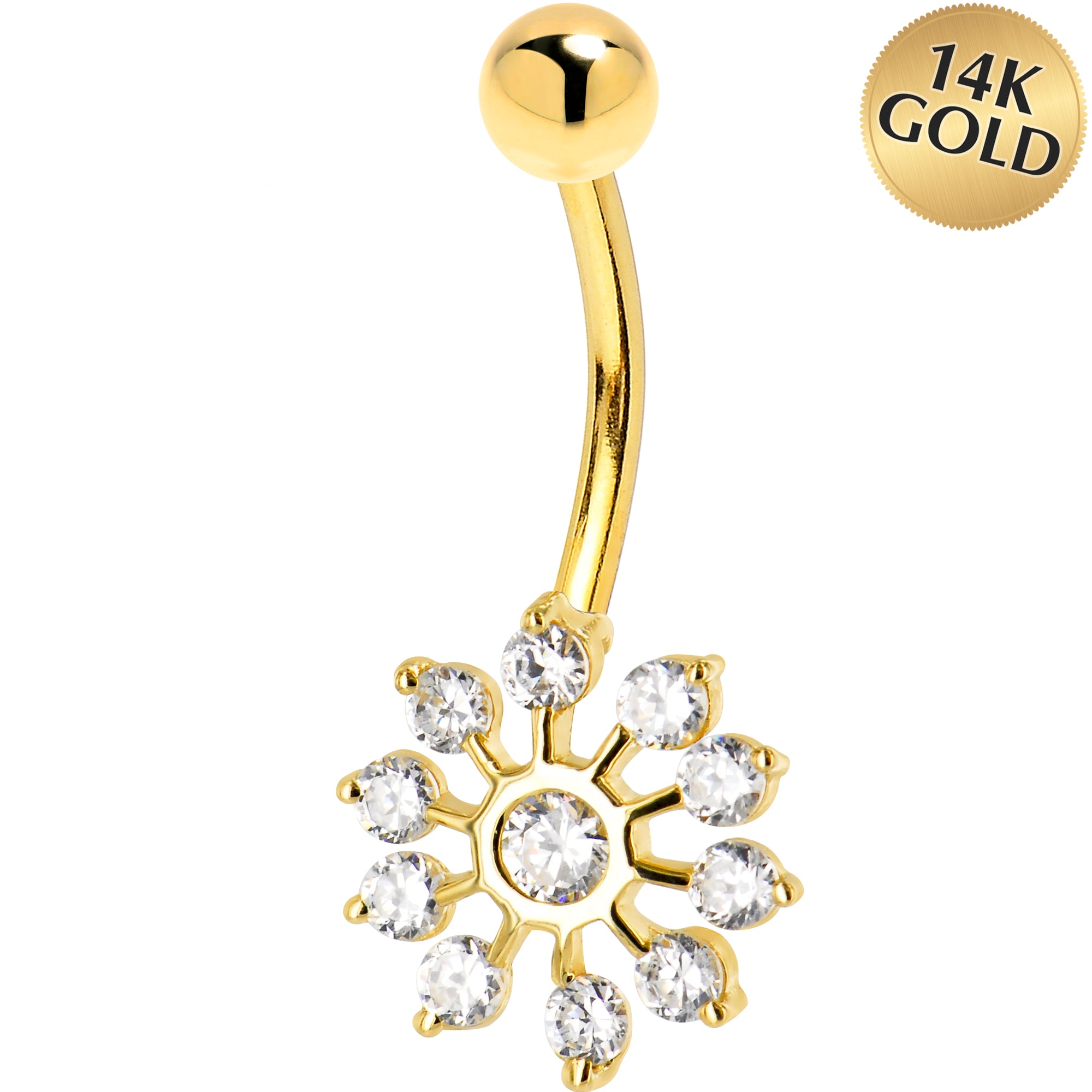 16 Gauge Solid 14KT Yellow Gold Cubic Zirconia PEACOCK Belly Ring