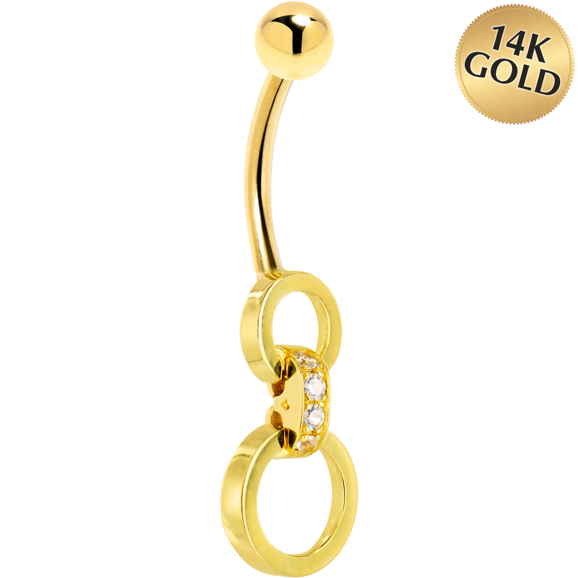 16 Gauge Solid 14KT Yellow Gold Circular Cubic ZIRCONIA HOOP Dangle Belly Ring