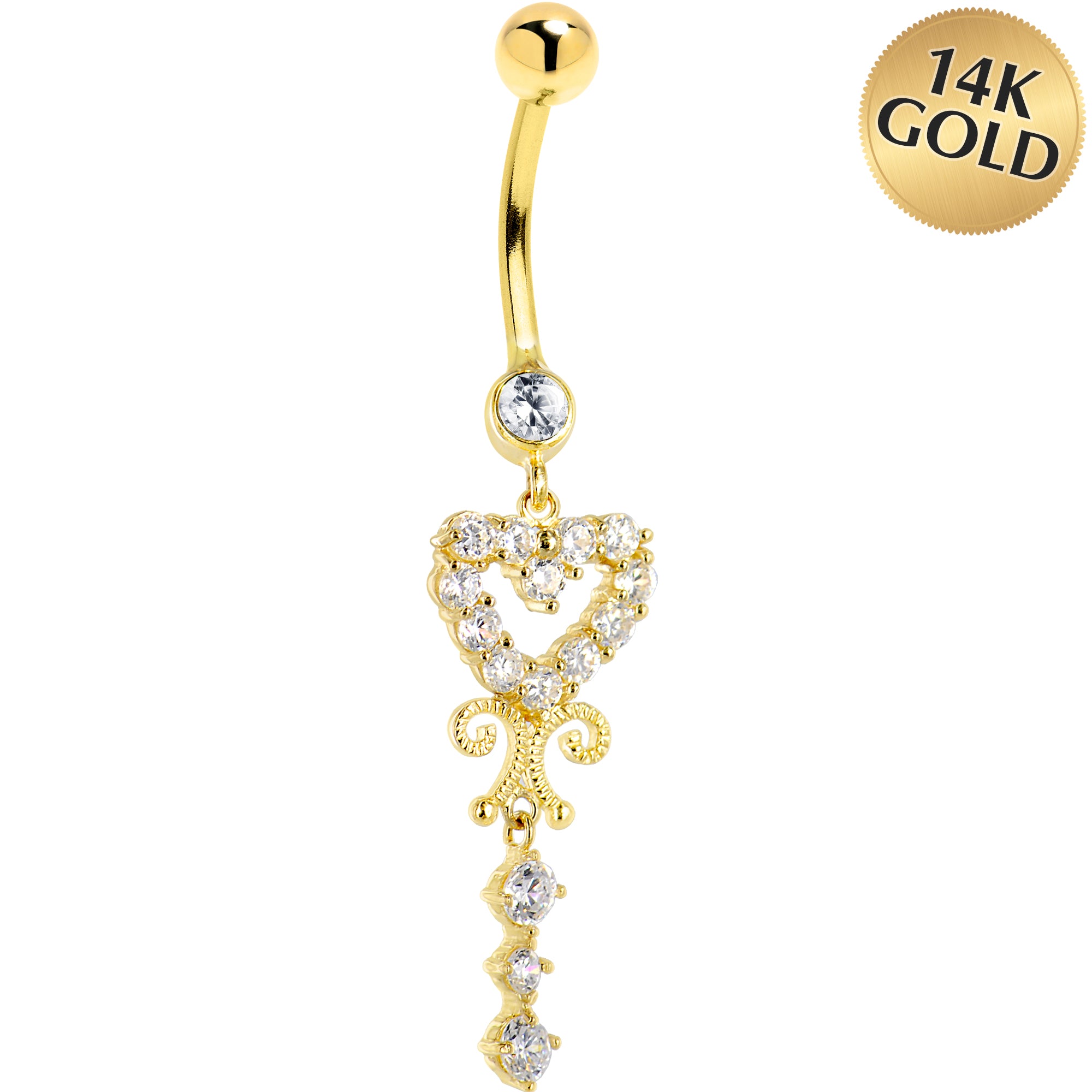 16 Gauge Solid 14KT Yellow Gold SCROLL DROP HEART Cubic Zirconia Belly Ring