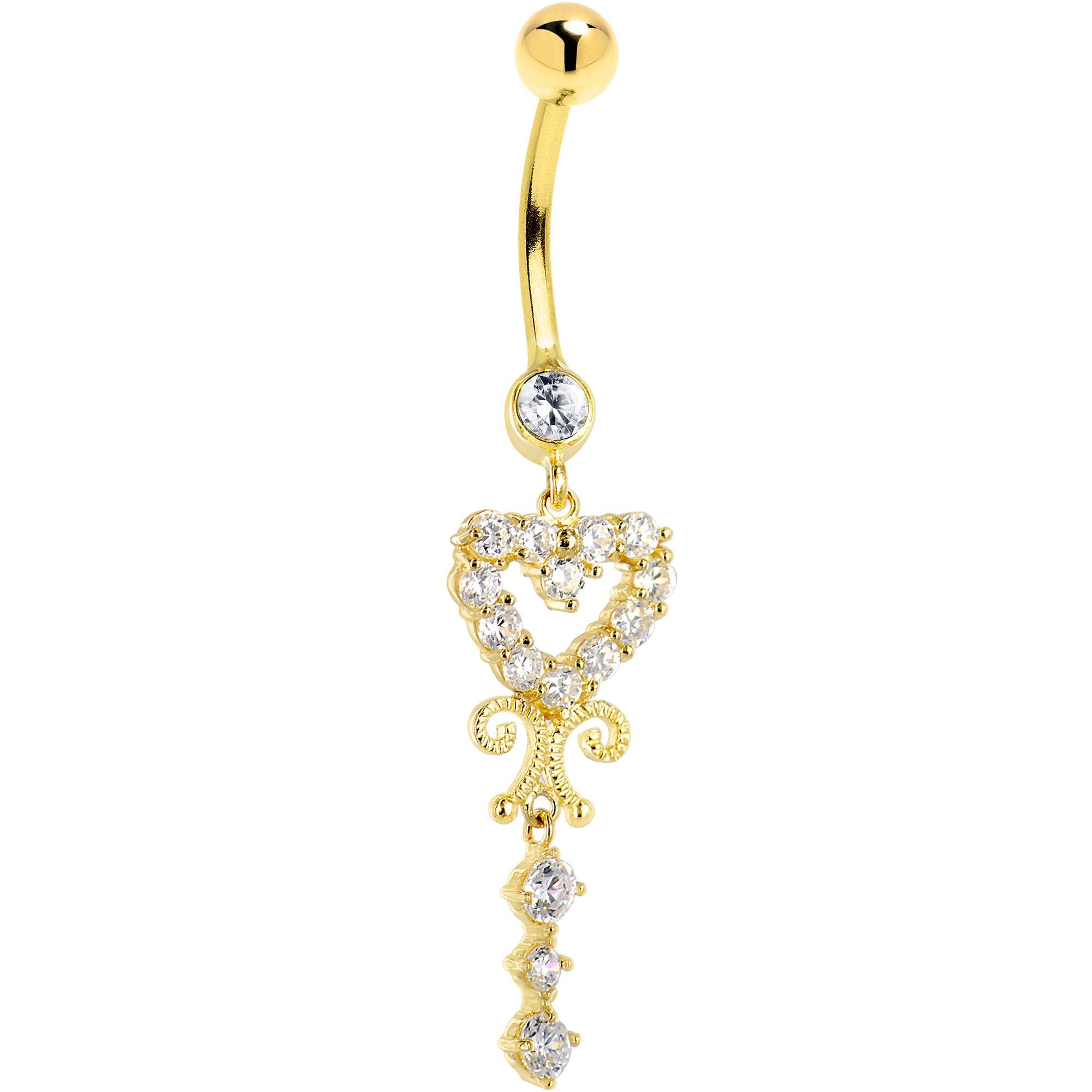 16 Gauge Solid 14KT Yellow Gold SCROLL DROP HEART Cubic Zirconia Belly Ring