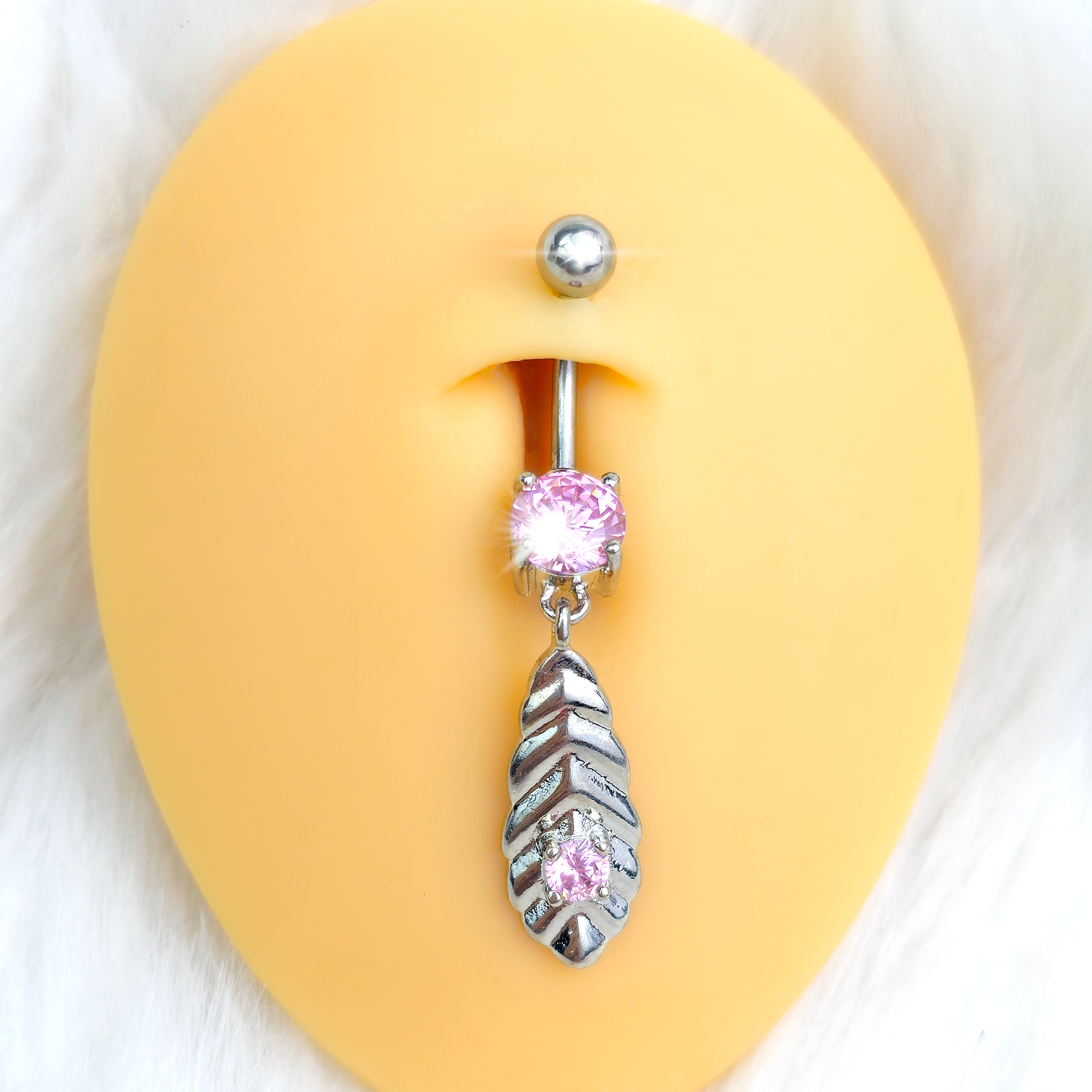 Pink and Clear CZ Gem Feather Dangle Belly Ring