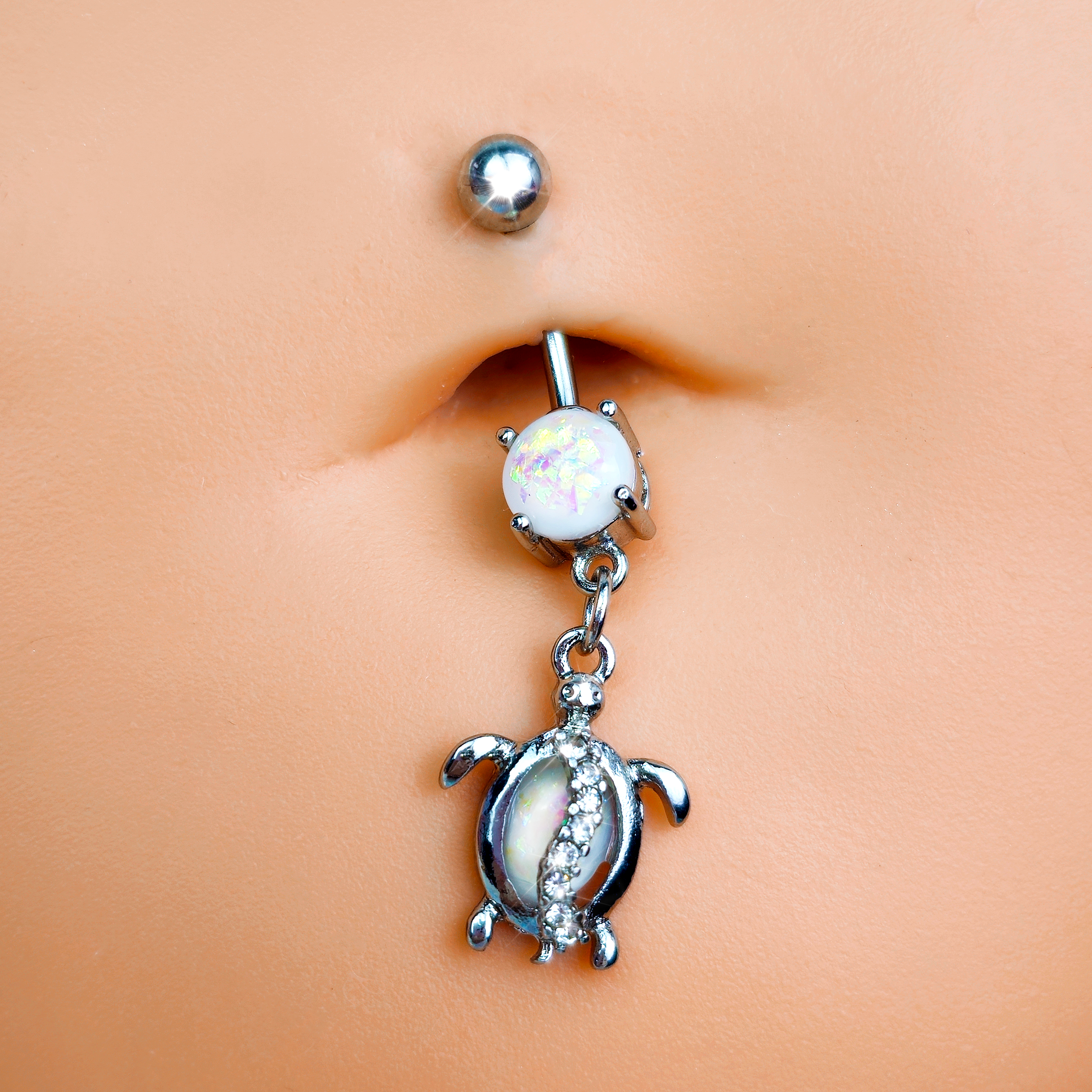 White Faux Opal Clear Gem Beach Turtle Dangle Belly Ring