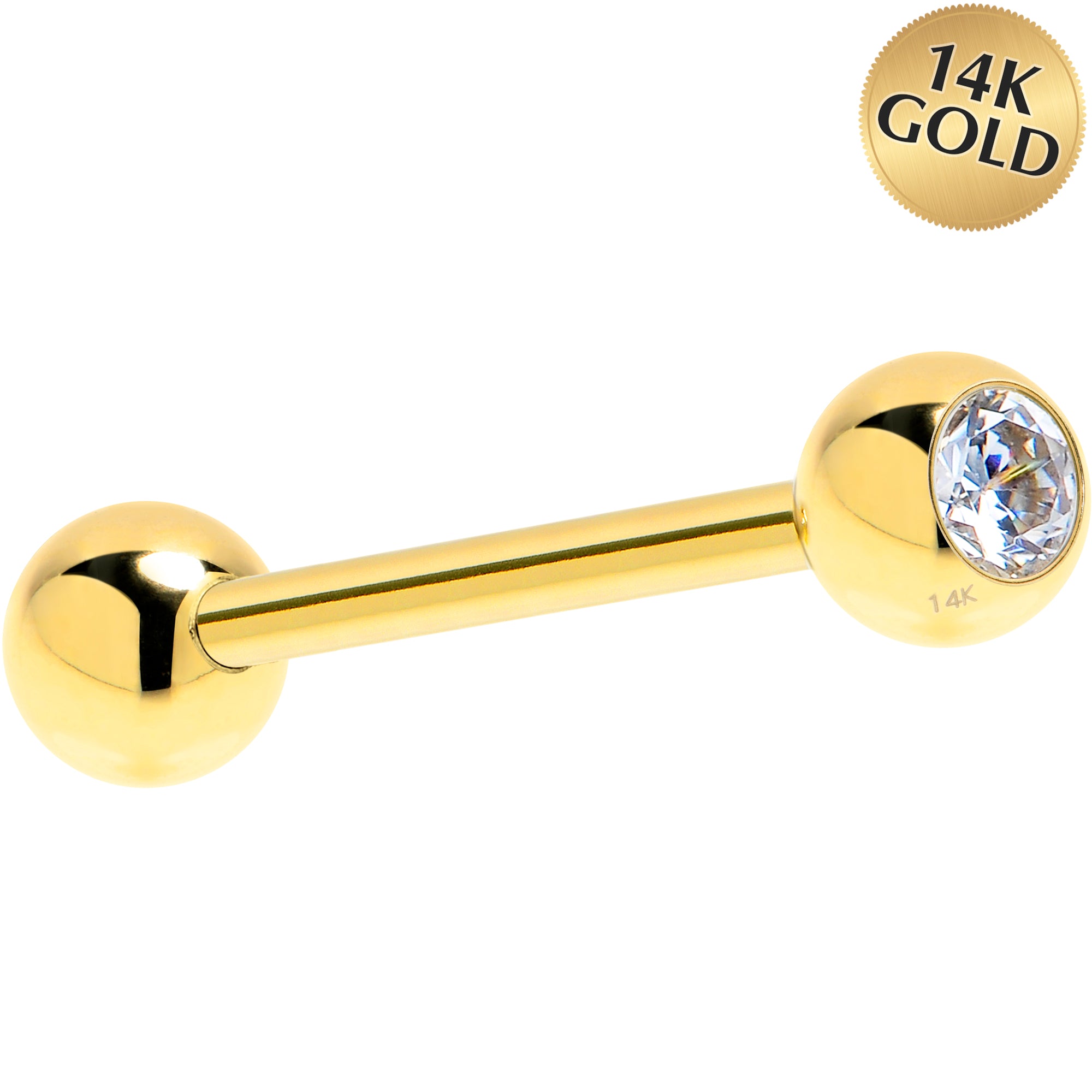 Solid 14KT Yellow GOLD Crystalline Gem CZ SOLITAIRE Barbell Tongue Ring