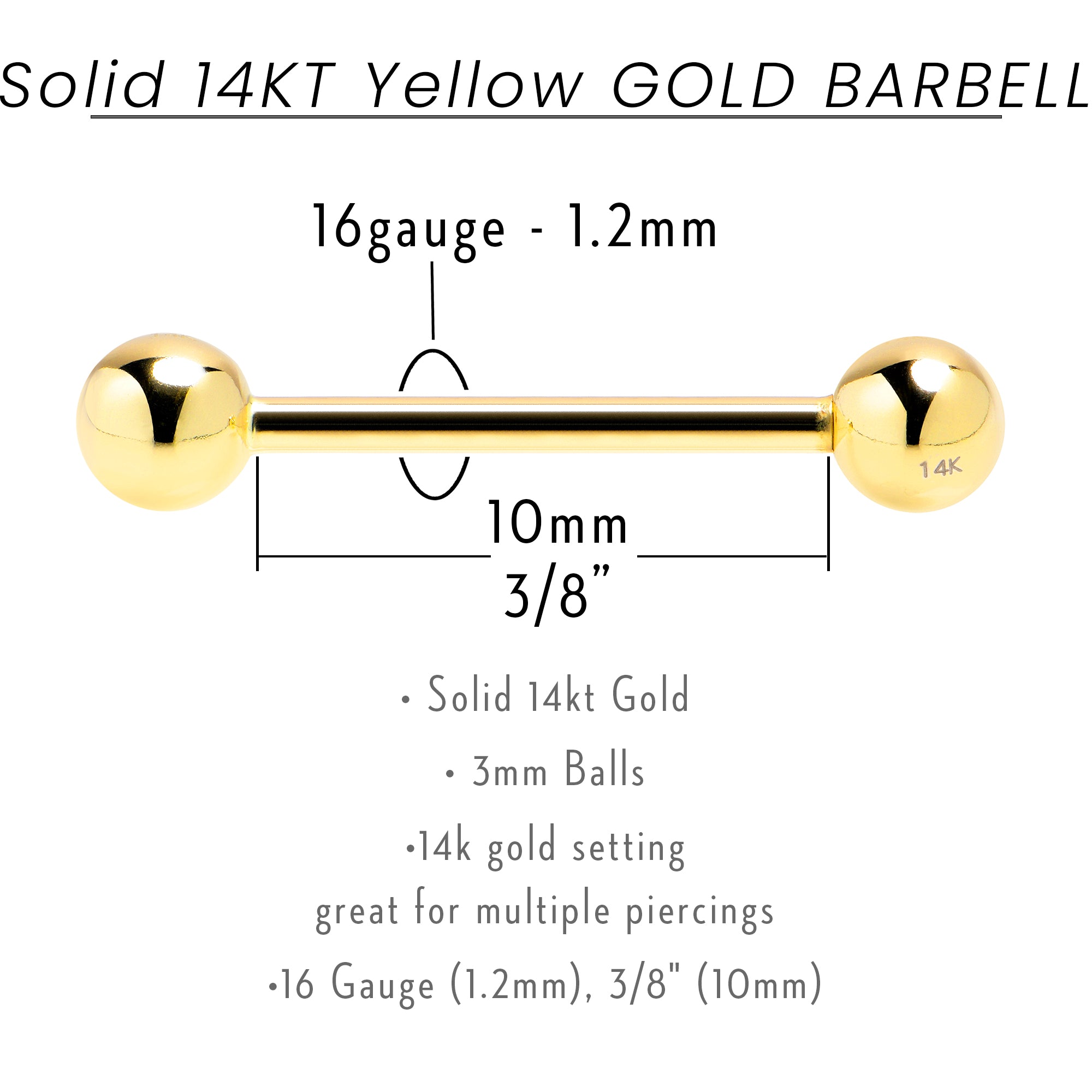 16 Gauge 3/8 Solid 14k Yellow Gold Barbell