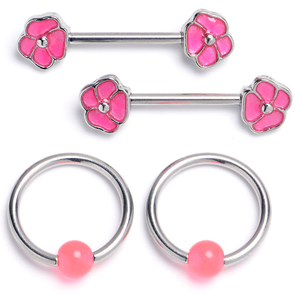 14 Gauge 9/16 1/2 Pink Flower Glow BCR Barbell Nipple Ring Set