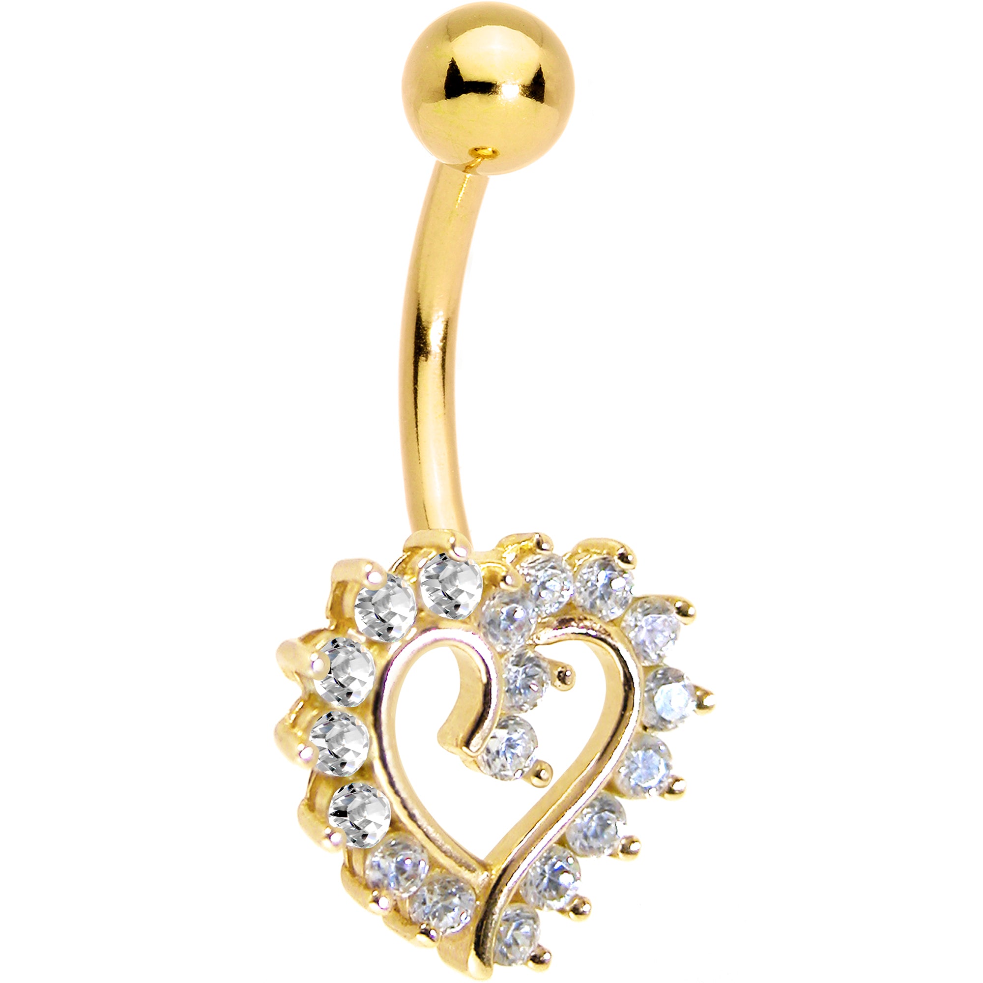 16 Gauge Solid 14KT Yellow Gold Cubic Zirconia HOLLOW HEART Belly Ring