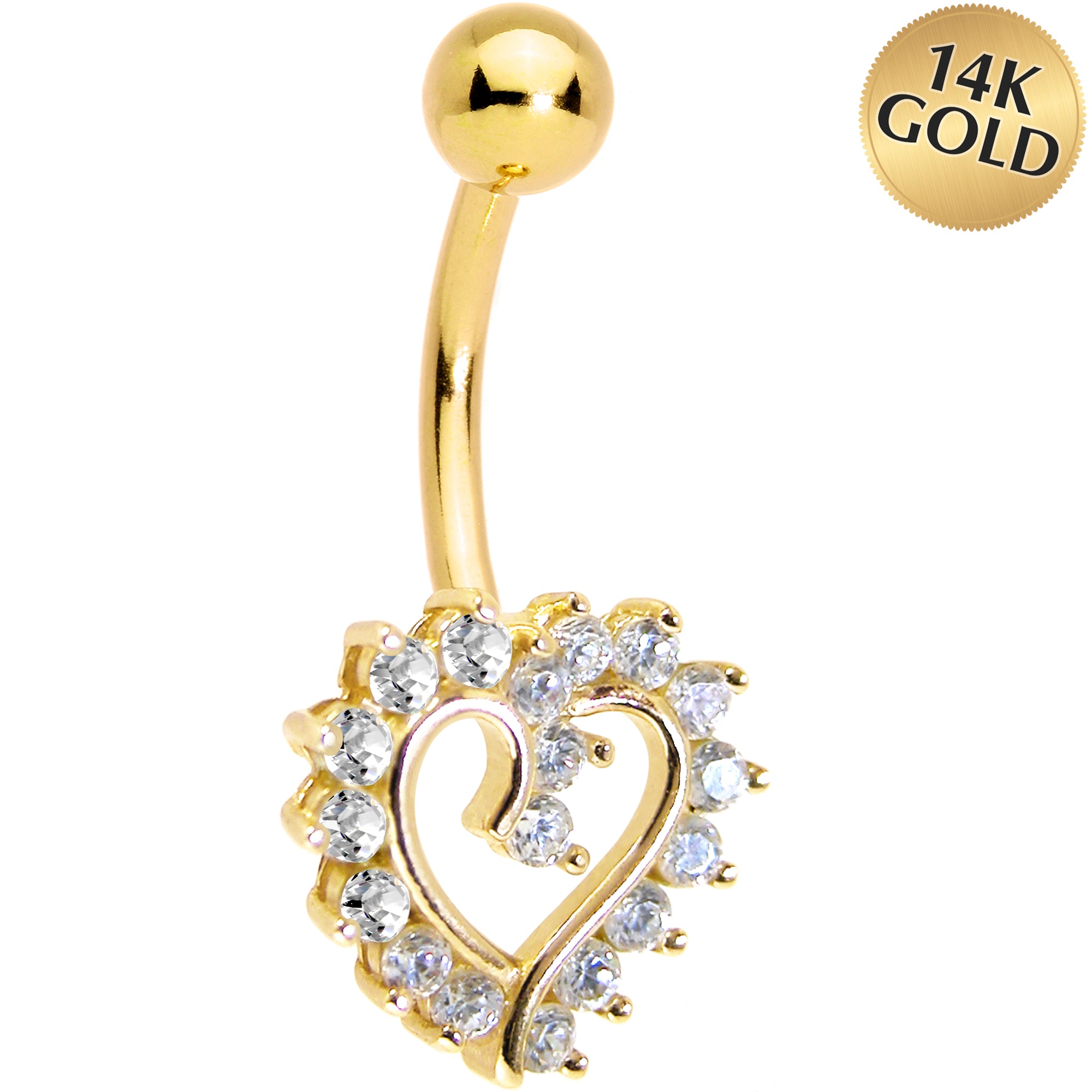 16 Gauge Solid 14KT Yellow Gold Cubic Zirconia HOLLOW HEART Belly Ring