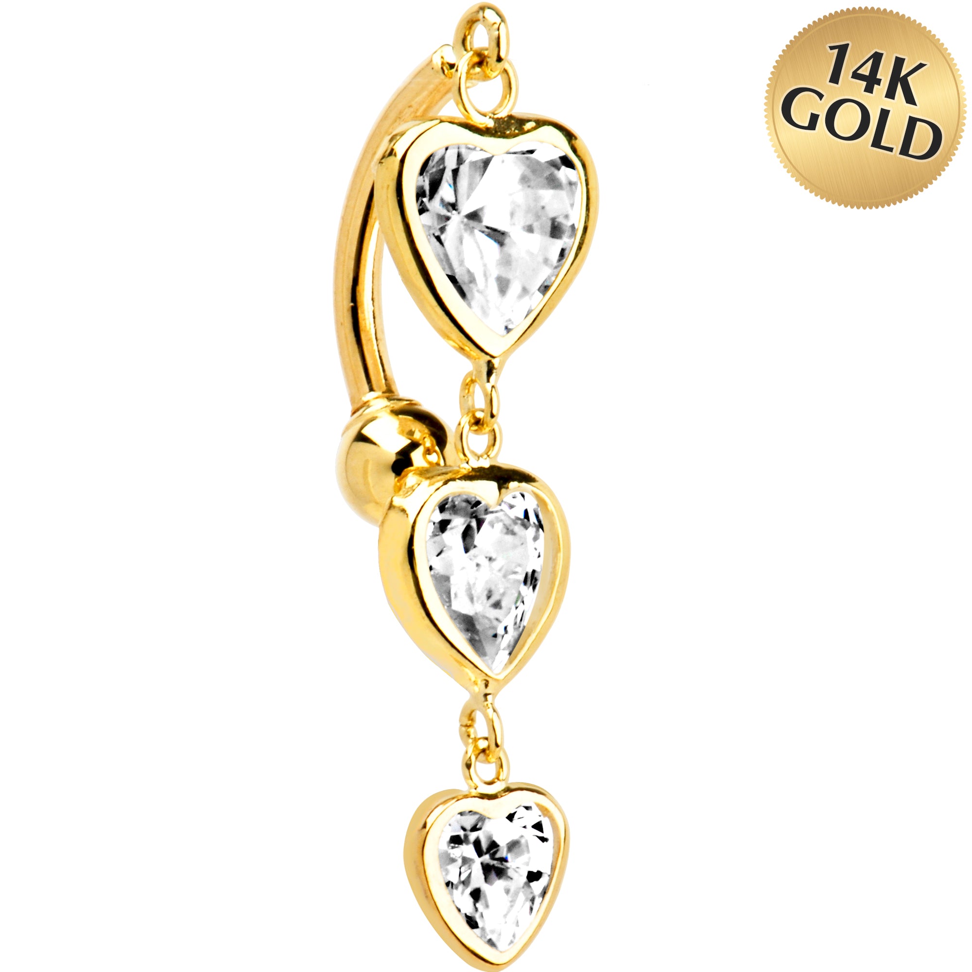 16 Gauge Solid 14KT Yellow Gold TOP MOUNT Cubic Zirconia HEART TRILOGY Belly Ring