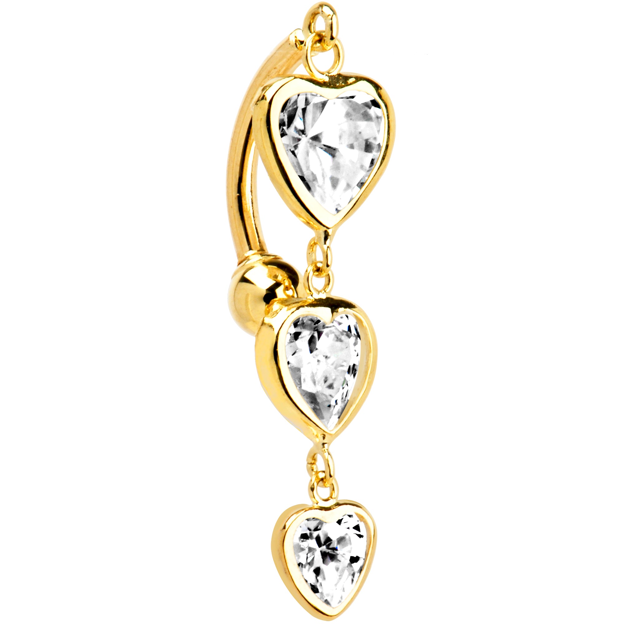 16 Gauge Solid 14KT Yellow Gold TOP MOUNT Cubic Zirconia HEART TRILOGY Belly Ring