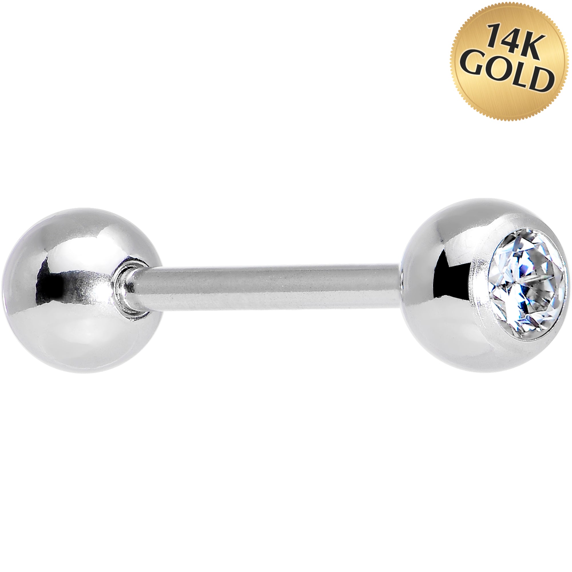 Solid 14KT White GOLD Crystalline CZ SOLITAIRE Barbell Tongue Ring