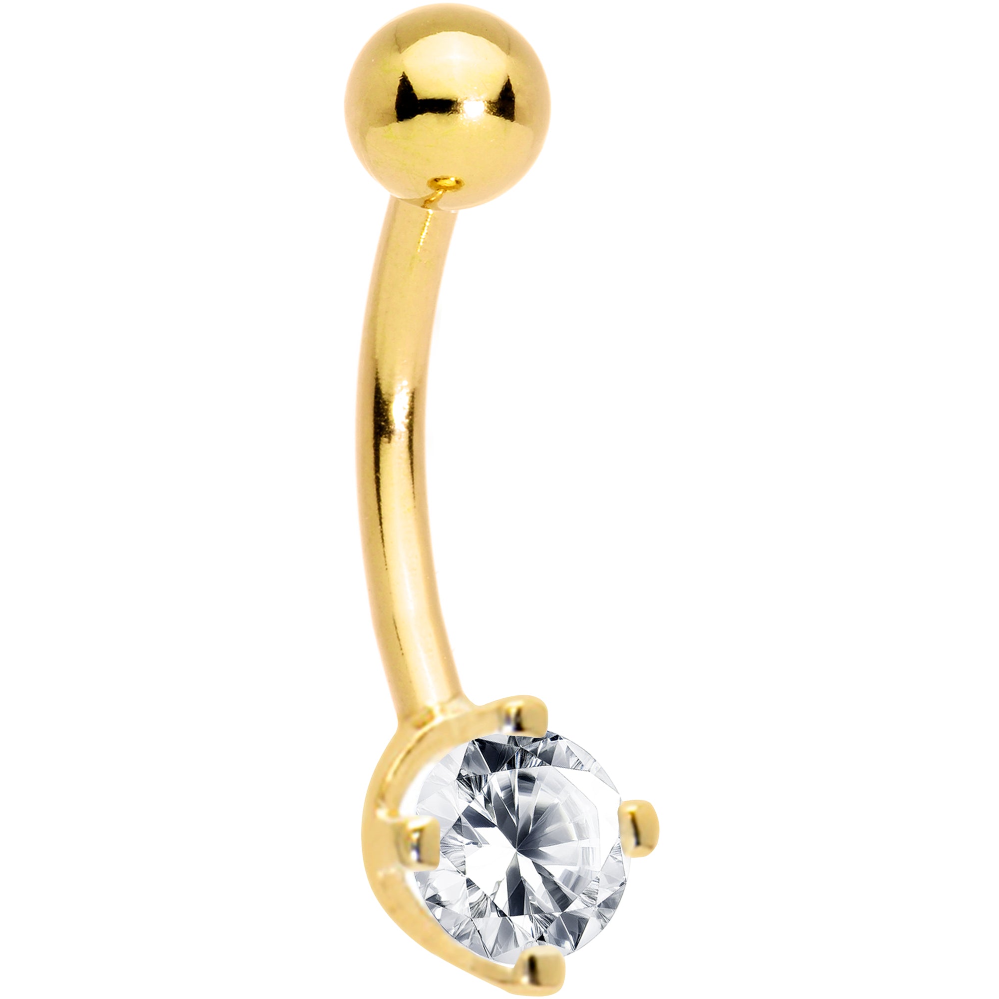 16 Gauge Solid 14KT Yellow Gold Cubic Zirconia PRIME SOLITAIRE Belly Ring