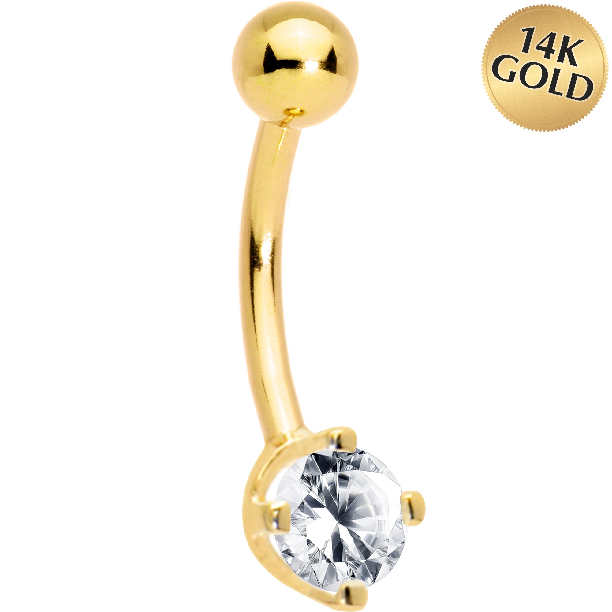 16 Gauge Solid 14KT Yellow Gold Cubic Zirconia PRIME SOLITAIRE Belly Ring