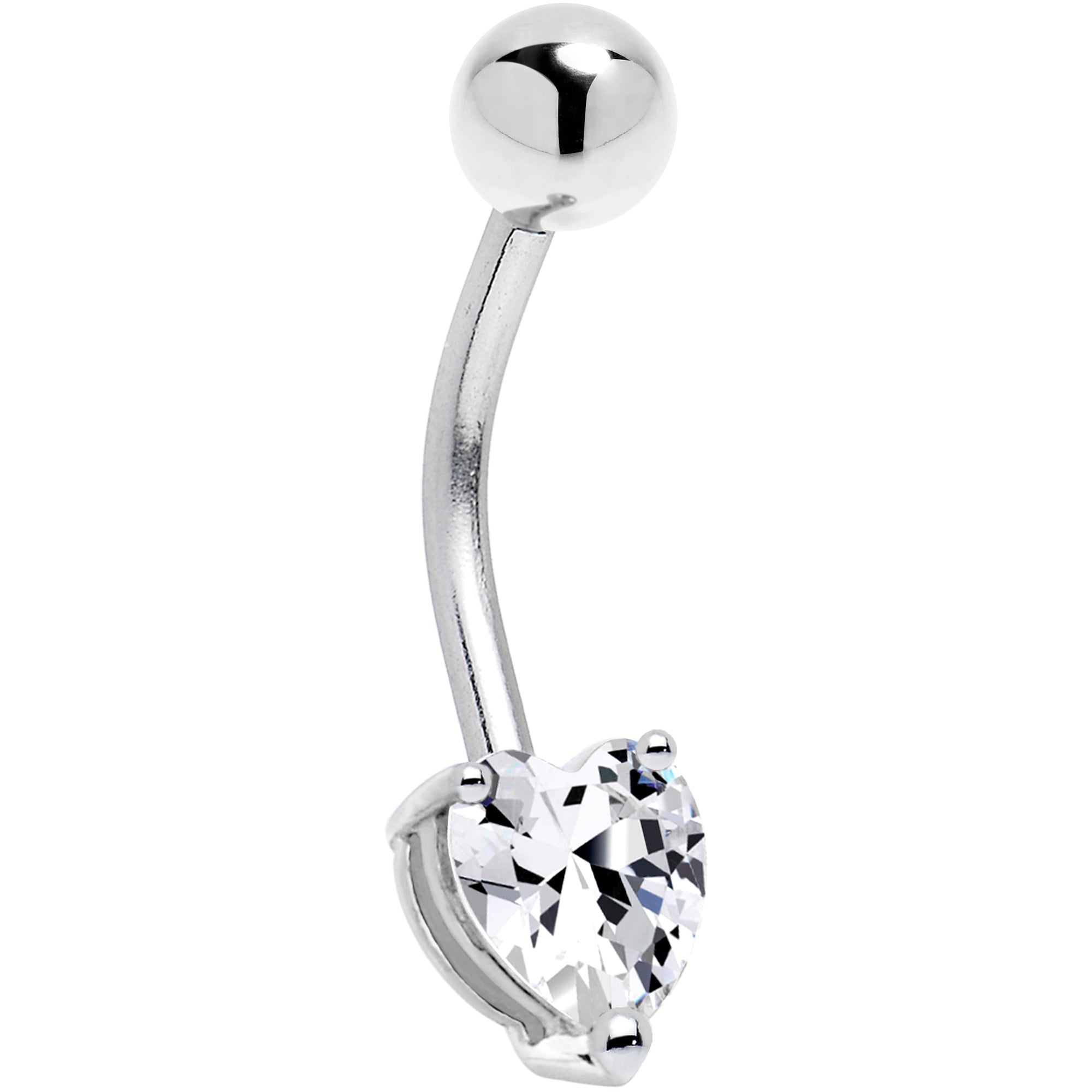 16 Gauge Solid 14KT White Gold Cubic Zirconia Heart Solitaire Belly Ring