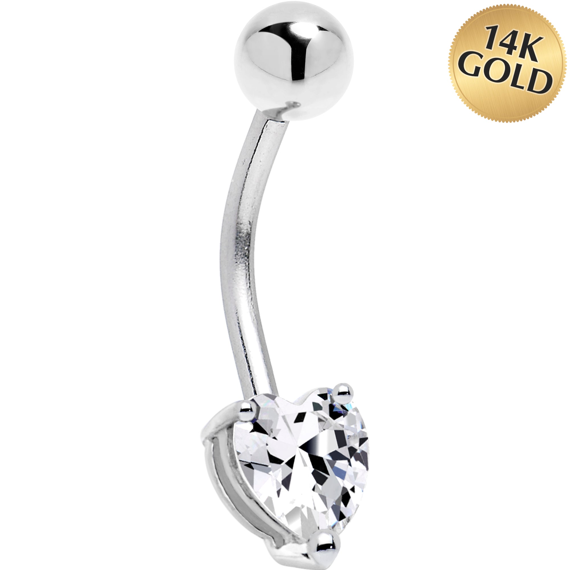 16 Gauge Solid 14KT White Gold Cubic Zirconia Heart Solitaire Belly Ring