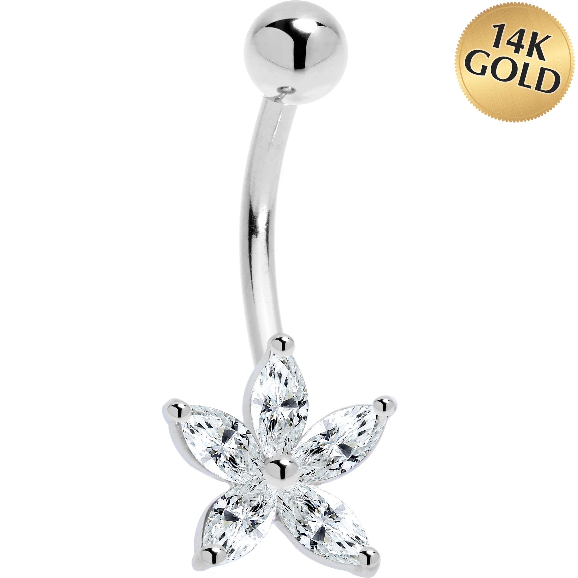 16 Gauge Solid 14KT White Gold Cubic Zirconia LILY Belly Ring