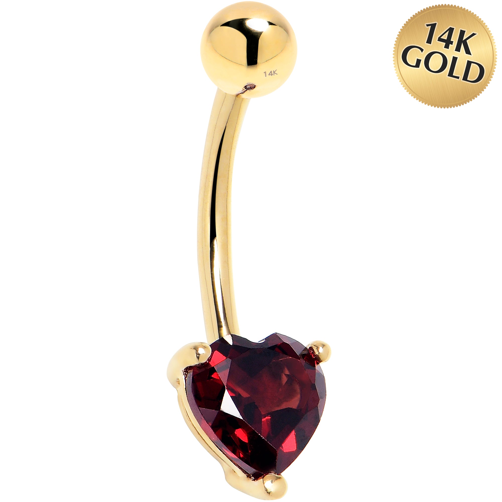 16 Gauge Solid 14KT Yellow Gold Genuine Garnet Heart Solitaire Belly Ring