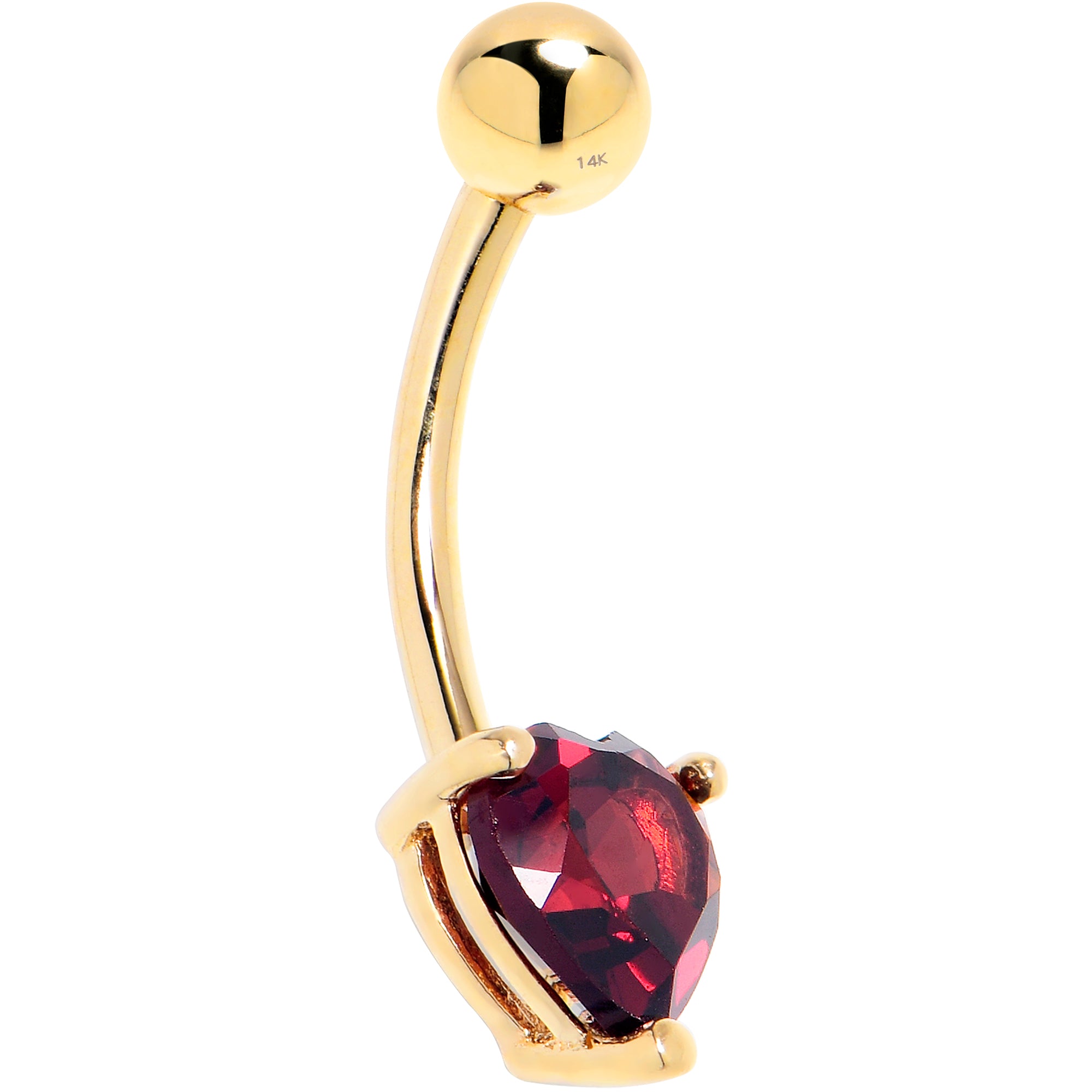 16 Gauge Solid 14KT Yellow Gold Genuine Garnet Heart Solitaire Belly Ring