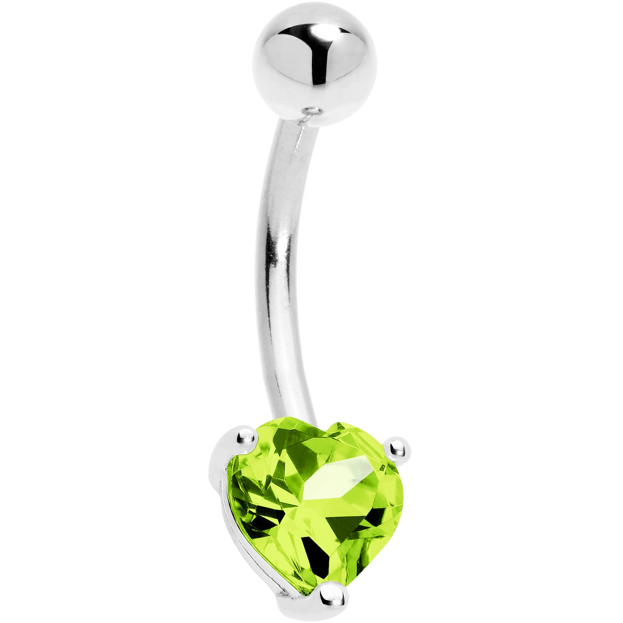 Solid 14KT White Gold Genuine Peridot Heart Solitaire Belly Ring