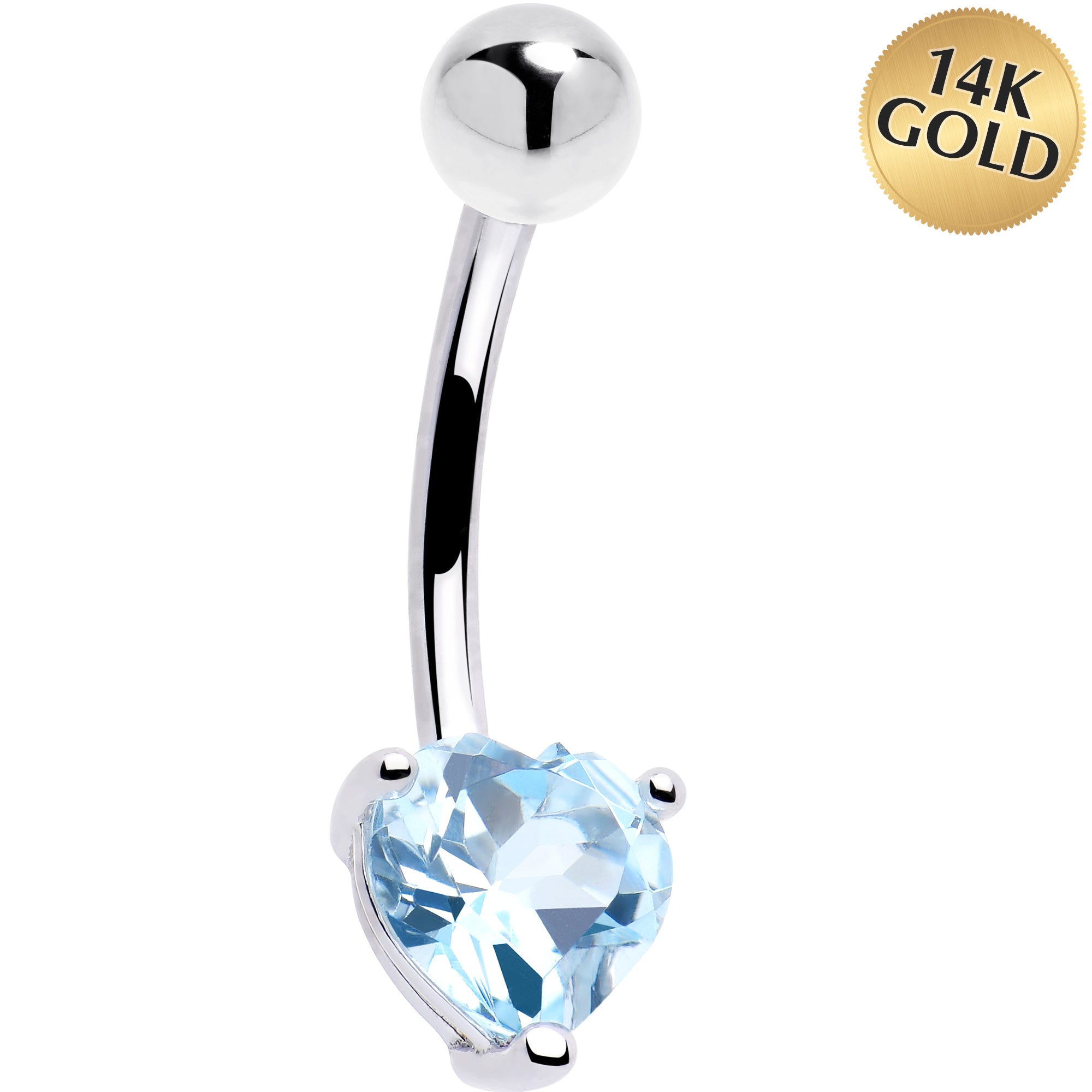 16 Gauge 14kt White Gold Genuine Blue Topaz Heart Belly Ring