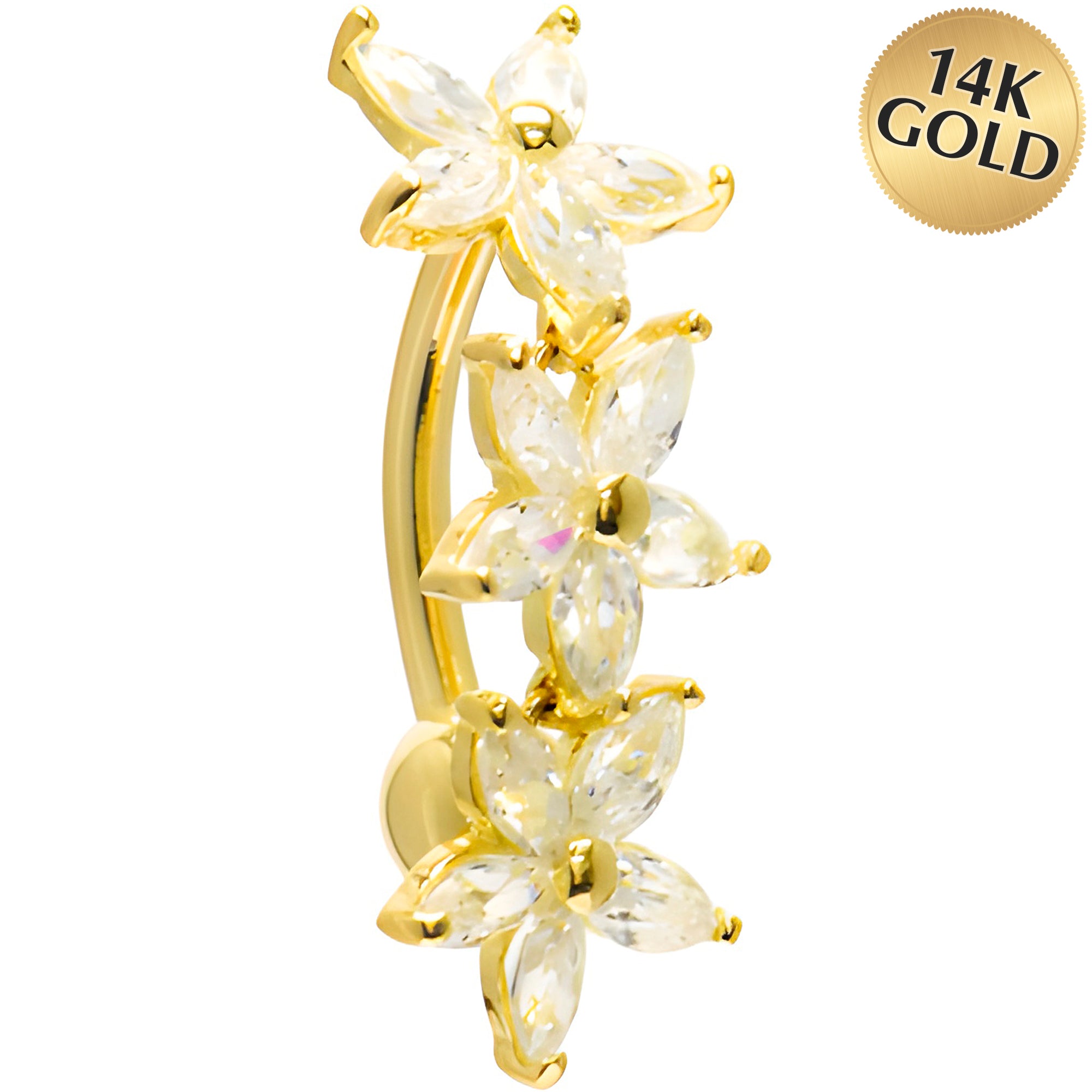 16 Gauge Solid 14KT Yellow Gold TOP MOUNT Cubic Zirconia LILY DROP Belly Ring