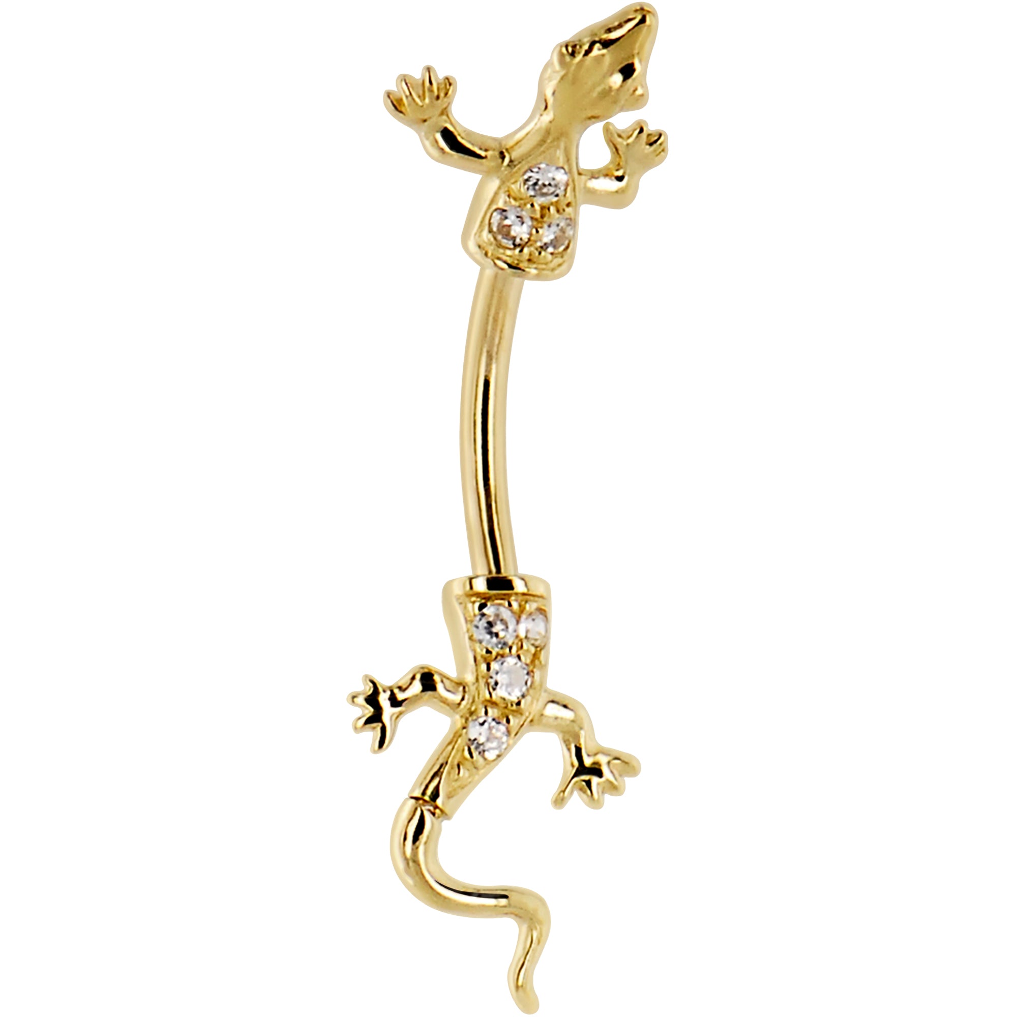 16 Gauge Solid 14KT Yellow Gold Cubic Zirconia LIZARD Belly Ring