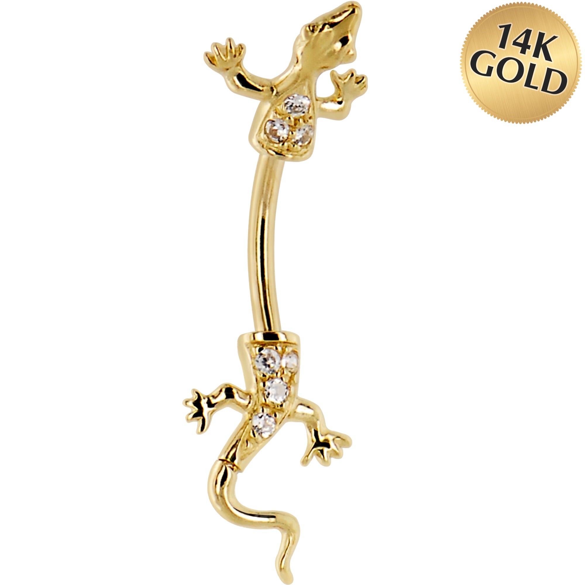 16 Gauge Solid 14KT Yellow Gold Cubic Zirconia LIZARD Belly Ring