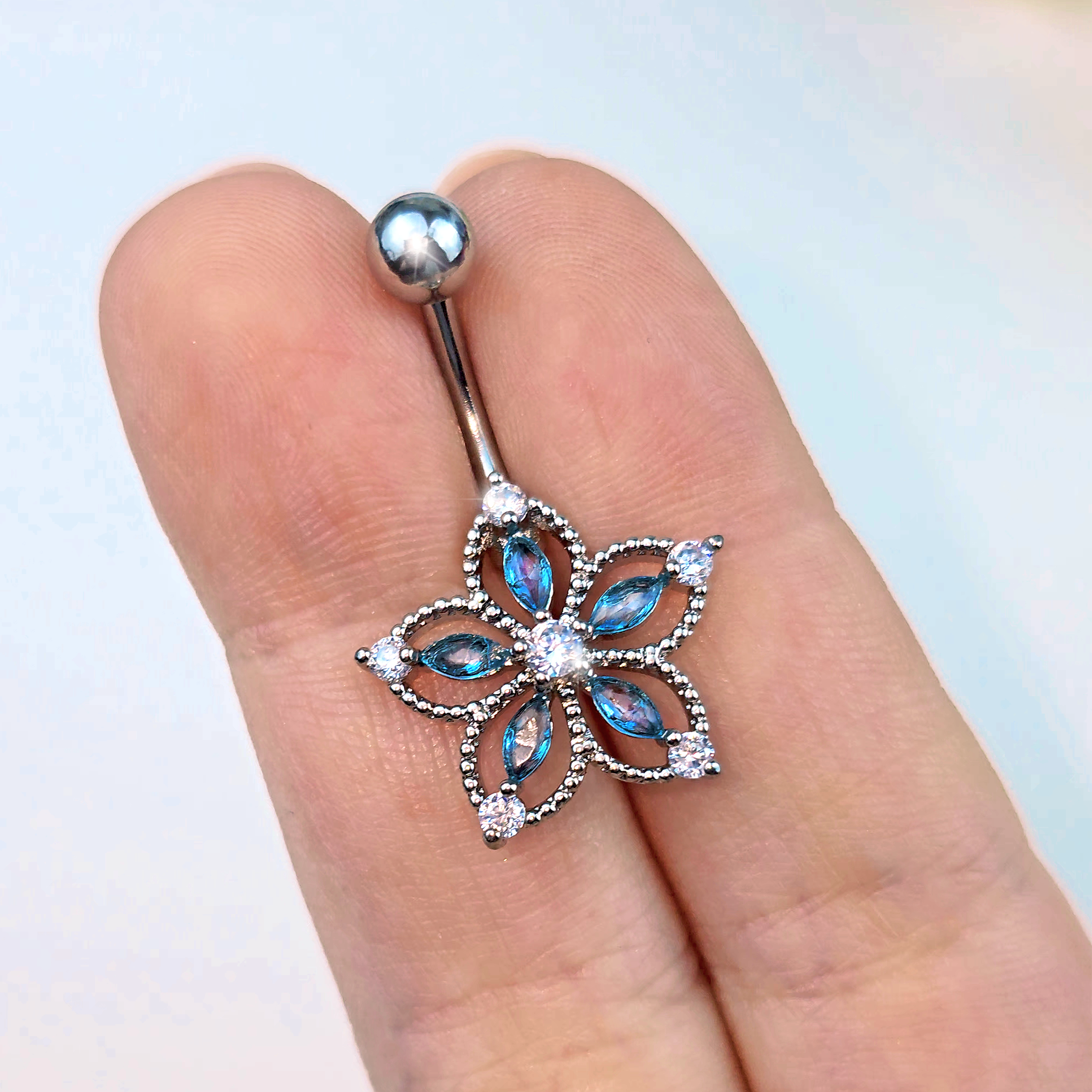 Aqua Clear CZ Gem Airy Flower Belly Ring