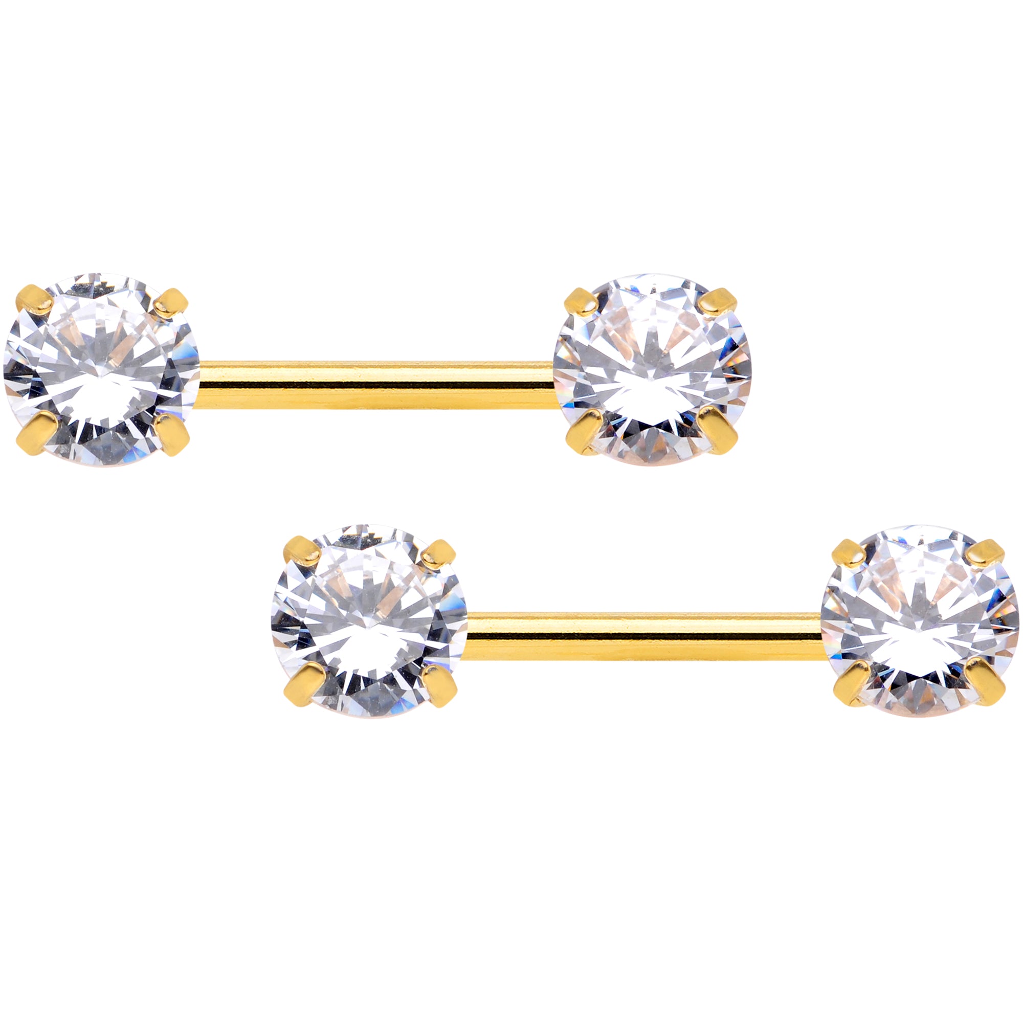 14 Gauge 1/2 Clear CZ Gem Gold Tone Threadless Nipple Ring Set