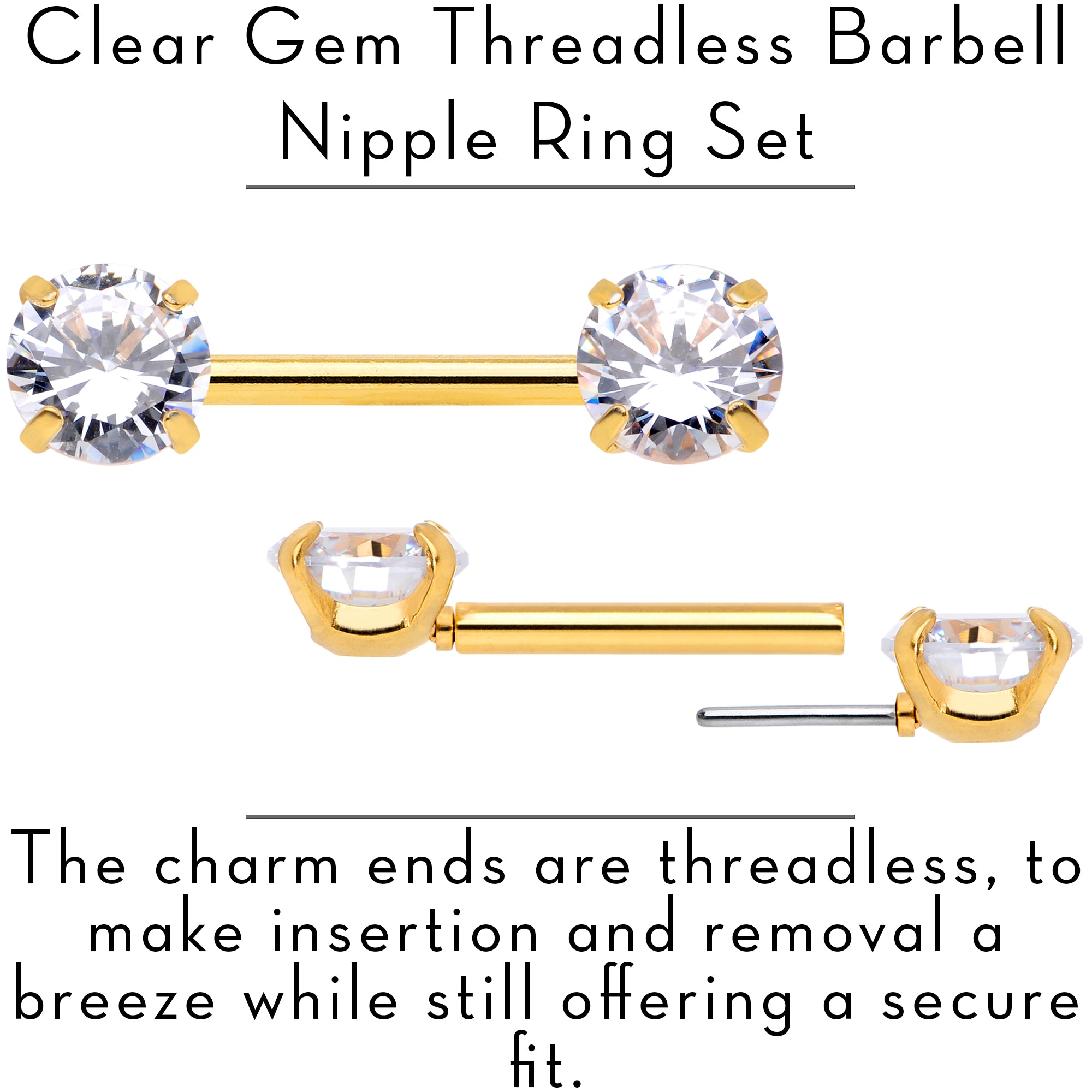 14 Gauge 1/2 Clear CZ Gem Gold Tone Threadless Nipple Ring Set