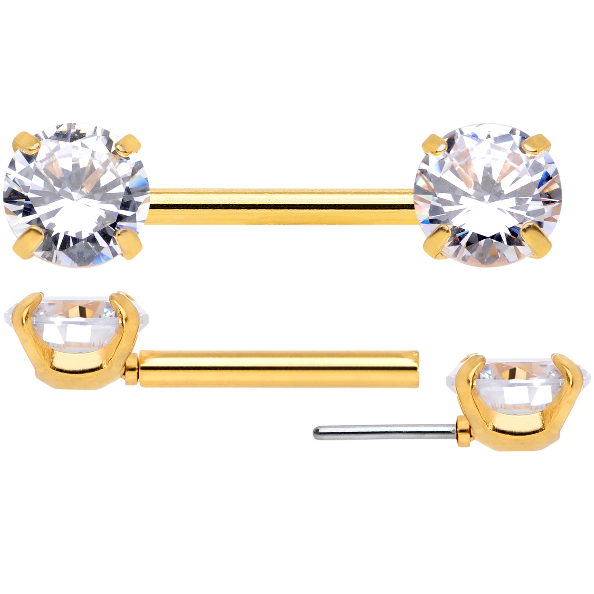 14 Gauge 1/2 Clear CZ Gem Gold Tone Threadless Nipple Ring Set