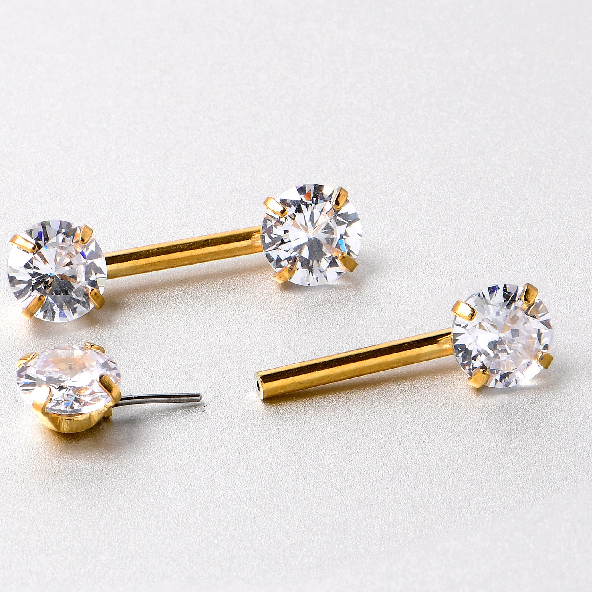 14 Gauge 1/2 Clear CZ Gem Gold Tone Threadless Nipple Ring Set