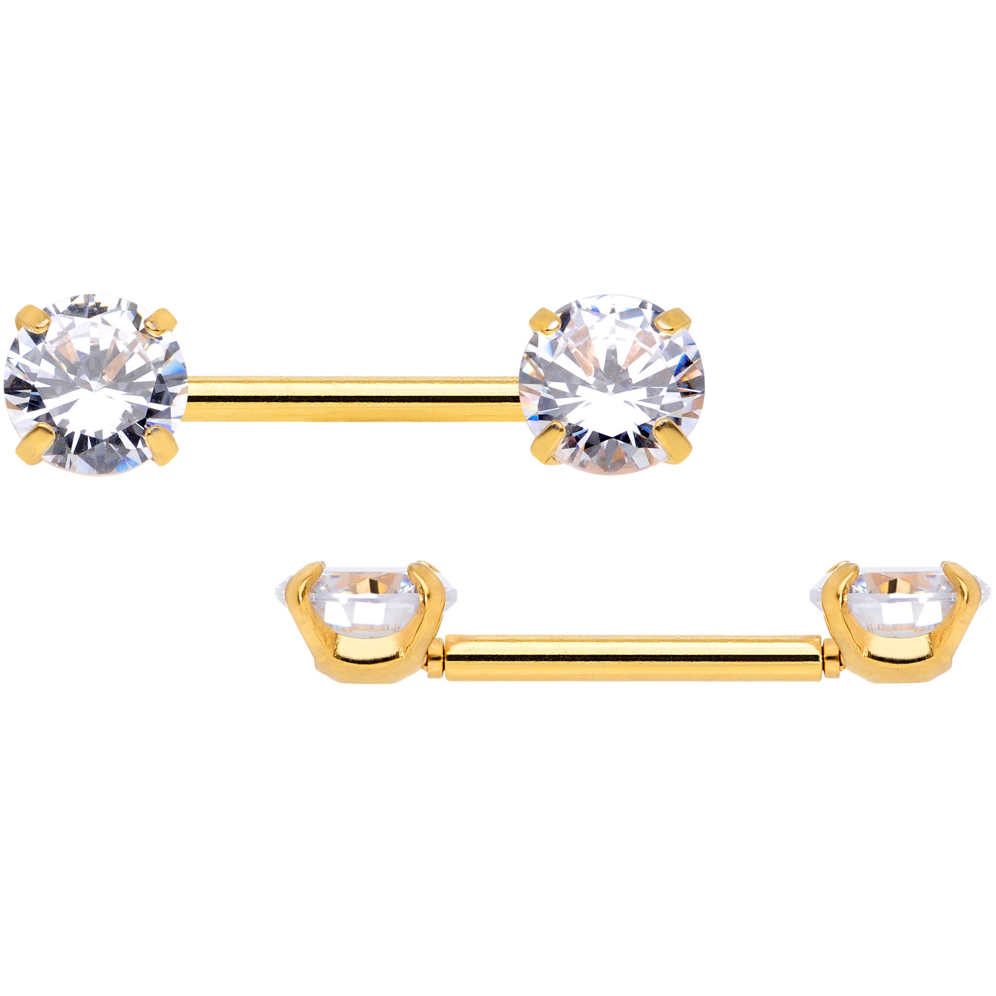 14 Gauge 1/2 Clear CZ Gem Gold Tone Threadless Nipple Ring Set