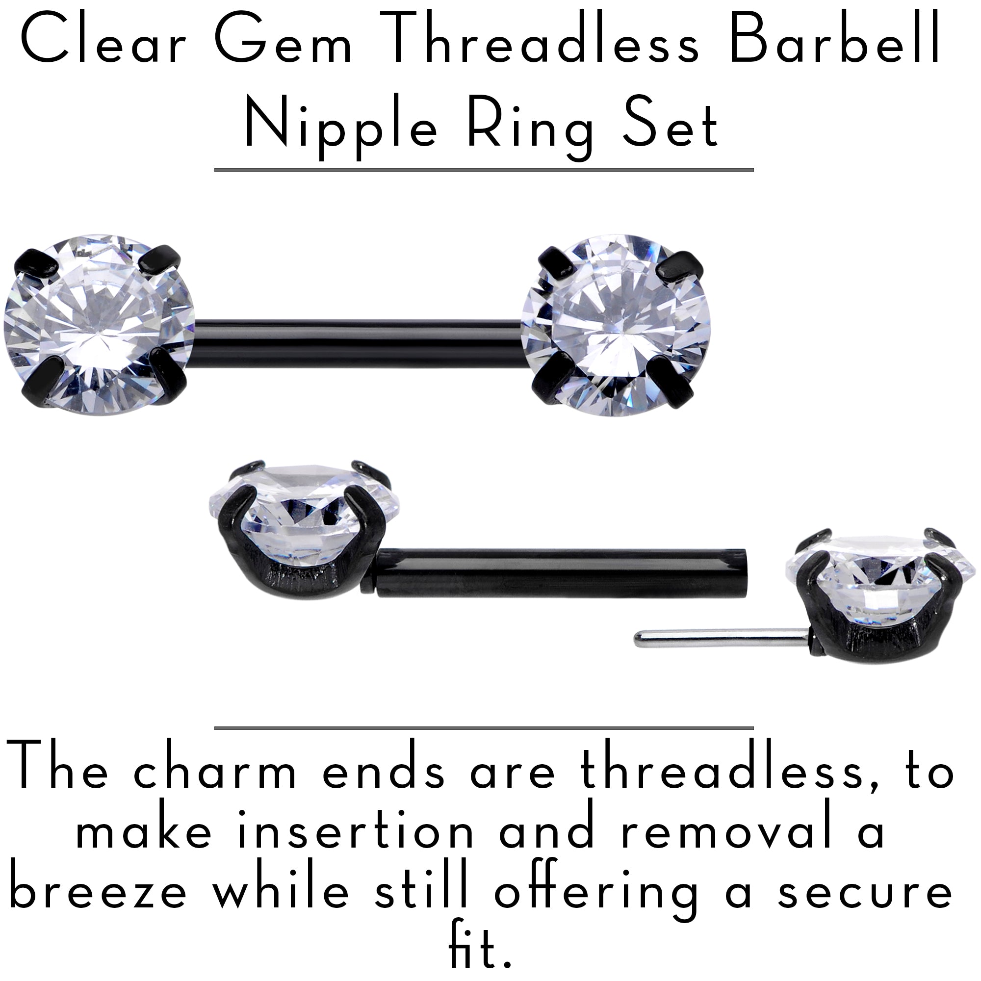 14 Gauge 1/2 Clear CZ Gem Black Threadless Barbell Nipple Ring Set