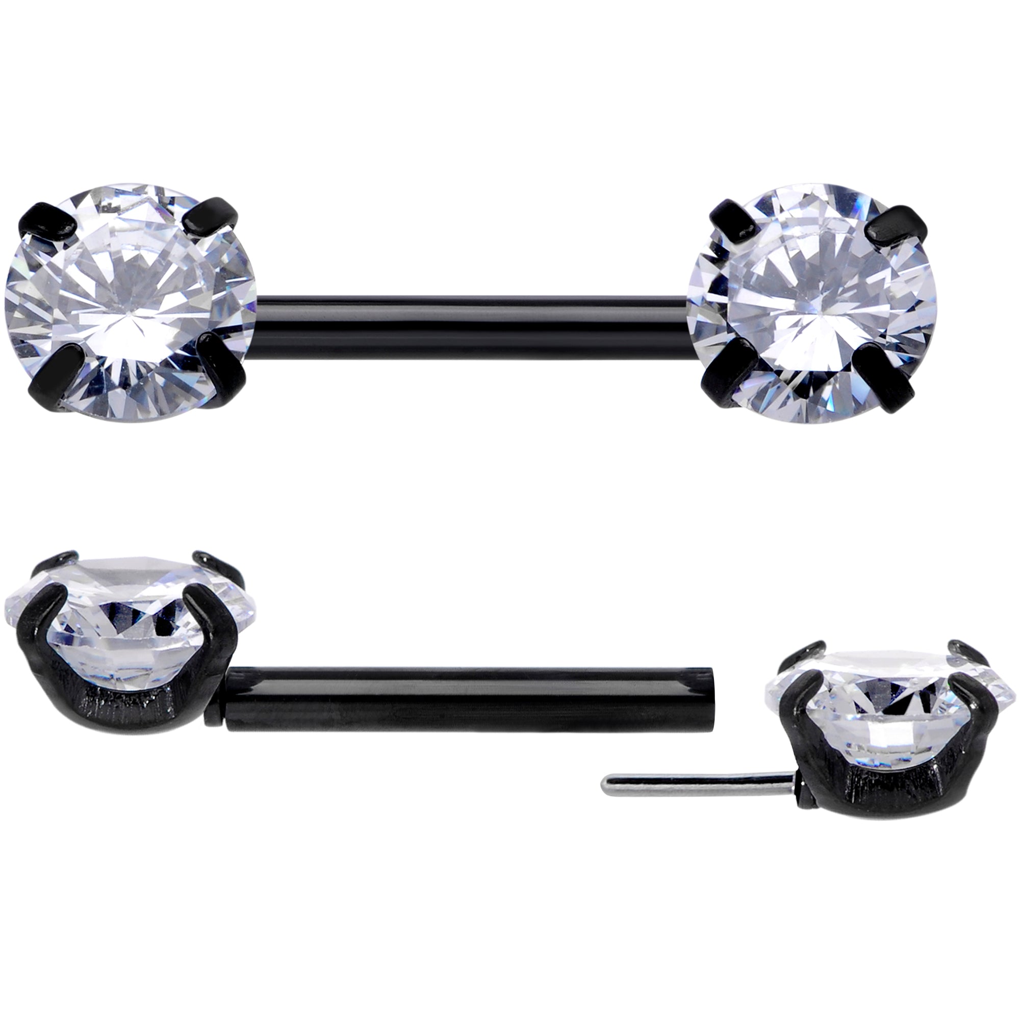 14 Gauge 1/2 Clear CZ Gem Black Threadless Barbell Nipple Ring Set