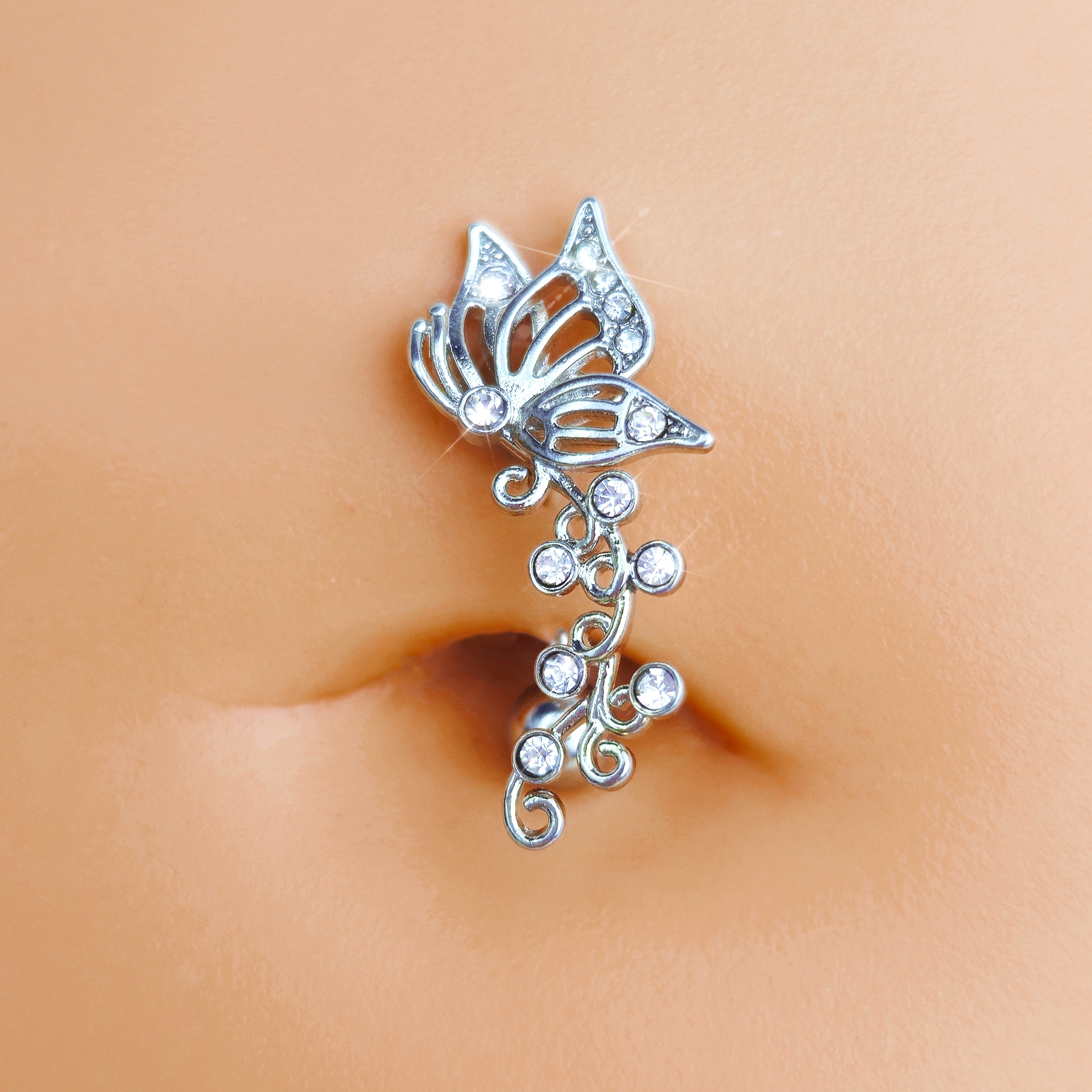 Clear Gem Butterfly Flower Garland Top Mount Belly Ring