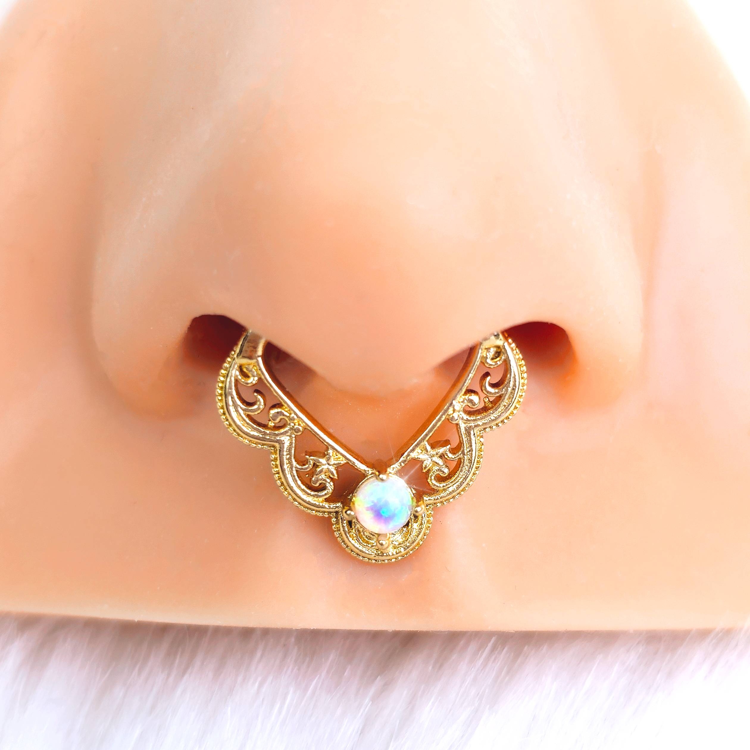 16 Gauge 5/16 White Synth Opal Gold Tone Lacy Love Cartilage Clicker