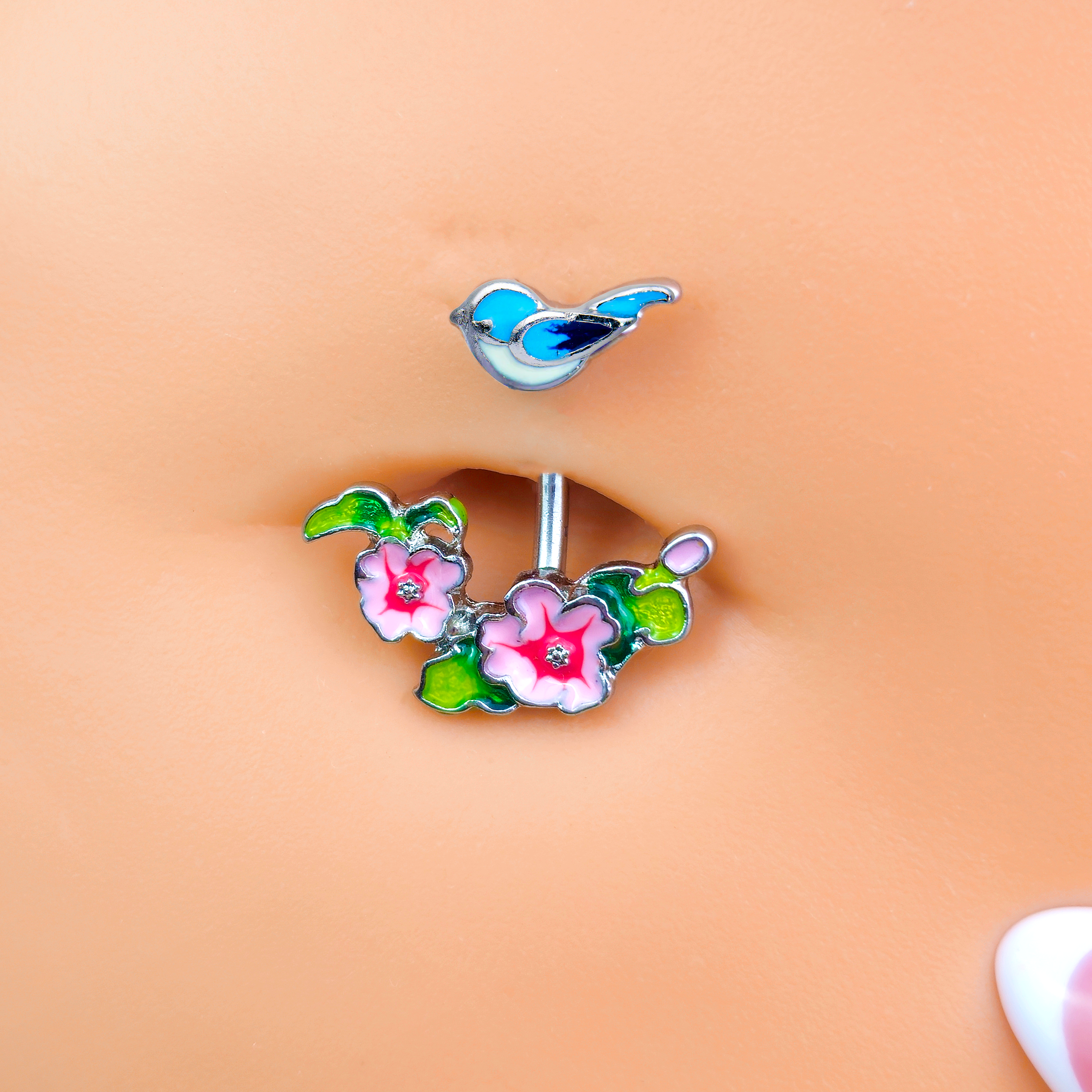 Clear Gem Blue Bird Pink Flowers Double Mount Belly Ring