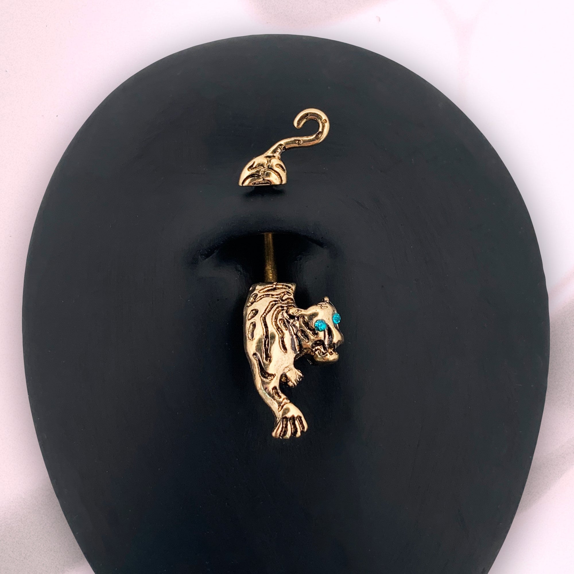 Blue Gem Gold Tone Prowling Tiger Double Mount Belly Ring