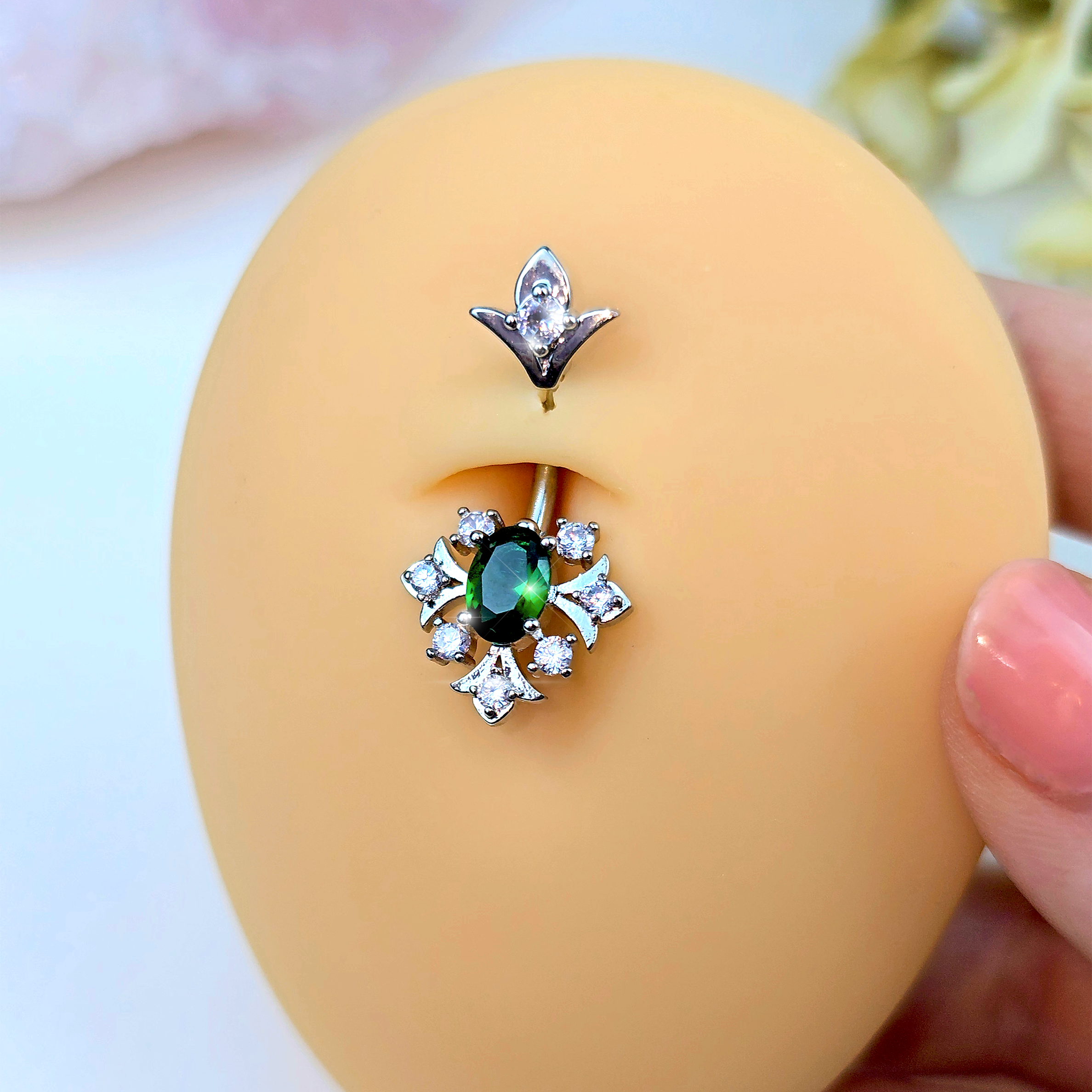 Green Clear Gem Ornate Art Deco Double Mount Belly Ring