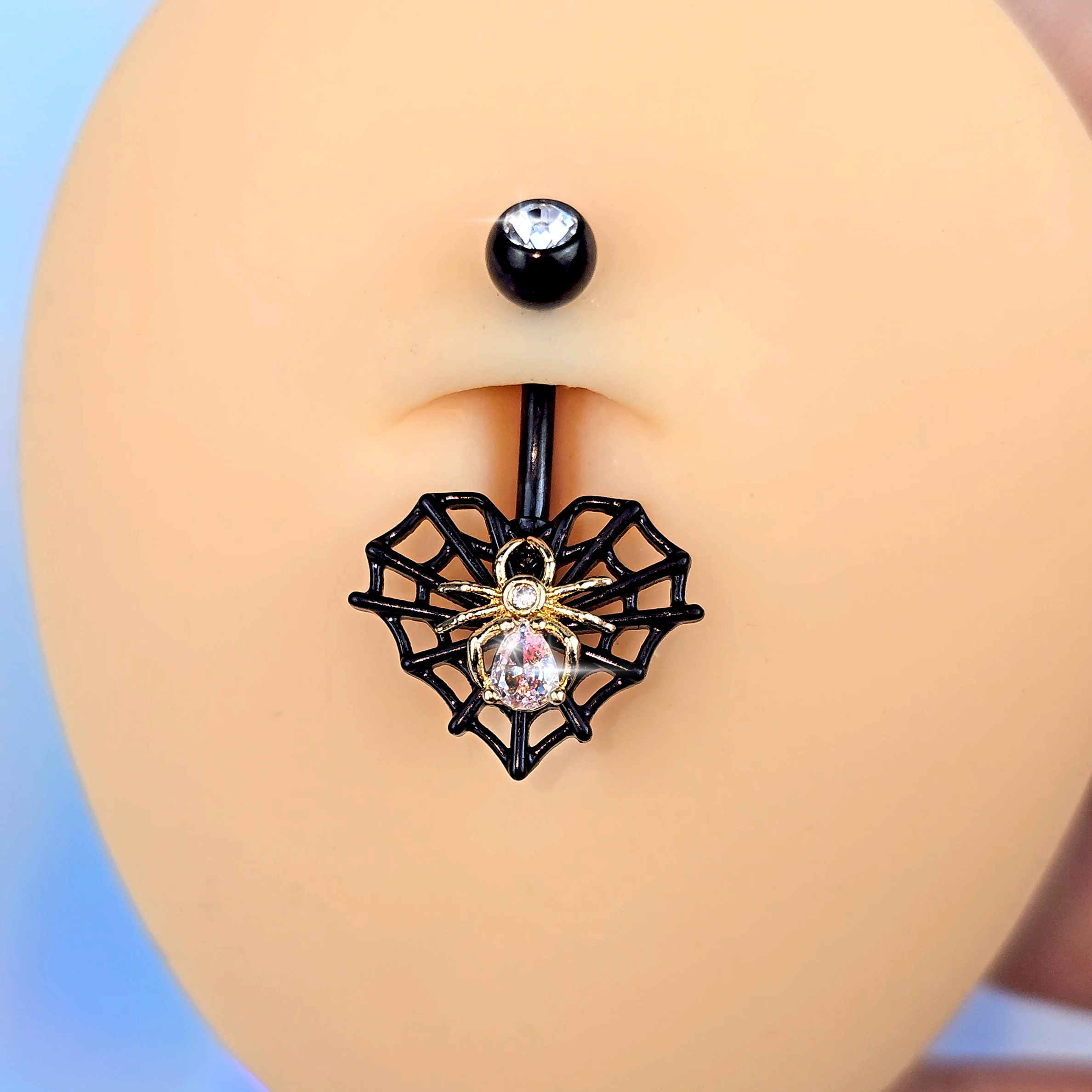 Clear Gem Black Golden Spider Web Heart Belly Ring