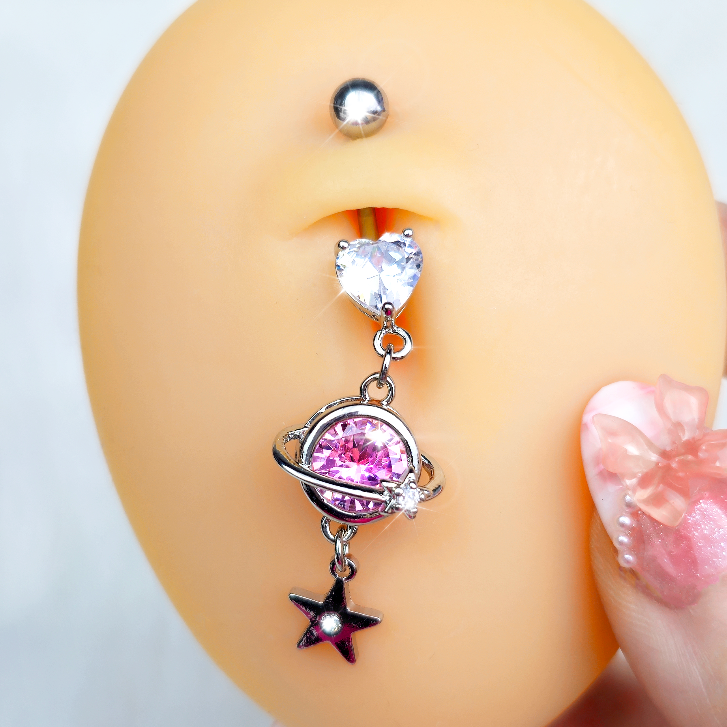 Clear Pink Heart Saturn Star Dangle Belly Ring