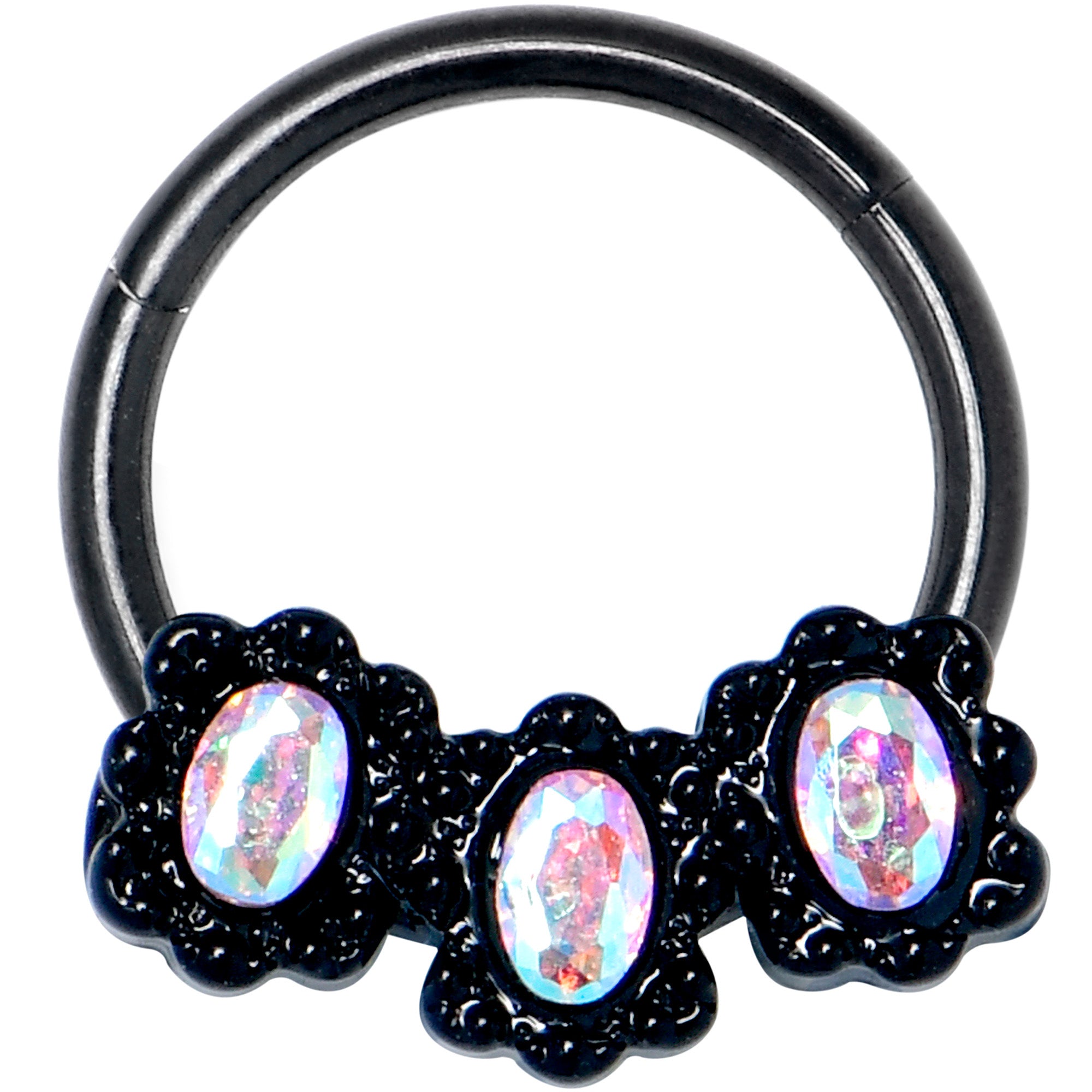 16 Gauge 3/8 Aurora Gem Black Magical Ovals Hinged Segment Ring