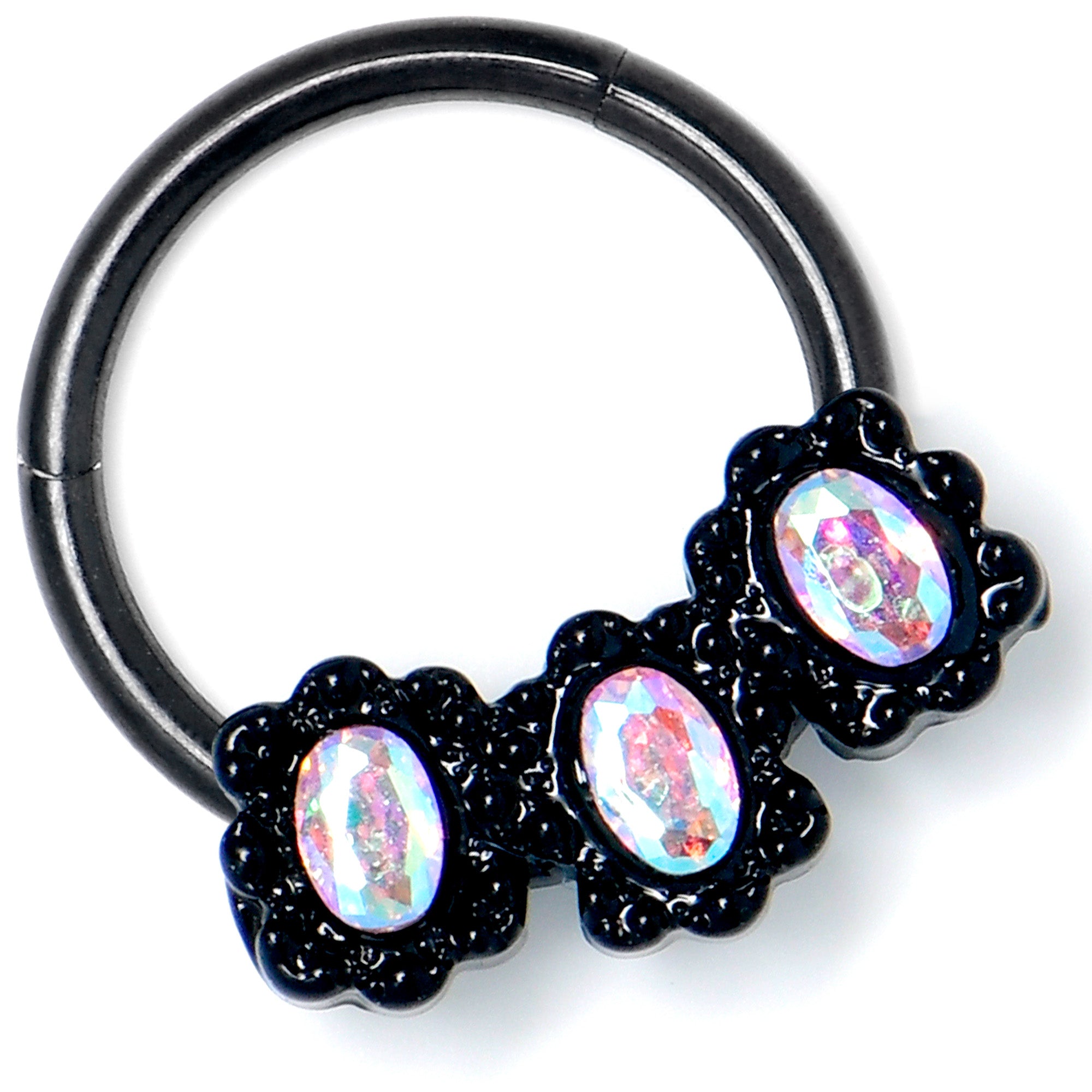 16 Gauge 3/8 Aurora Gem Black Magical Ovals Hinged Segment Ring