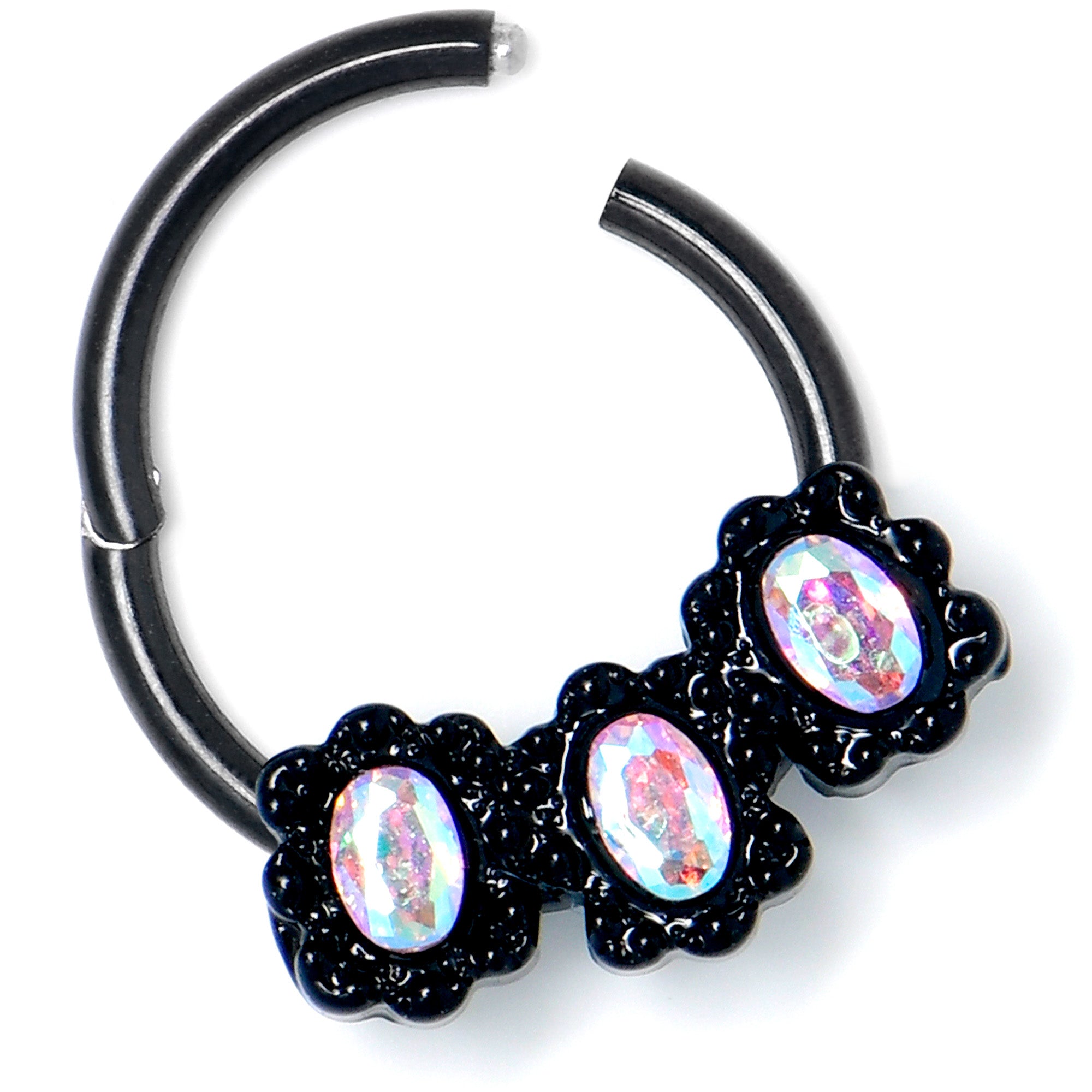 16 Gauge 3/8 Aurora Gem Black Magical Ovals Hinged Segment Ring