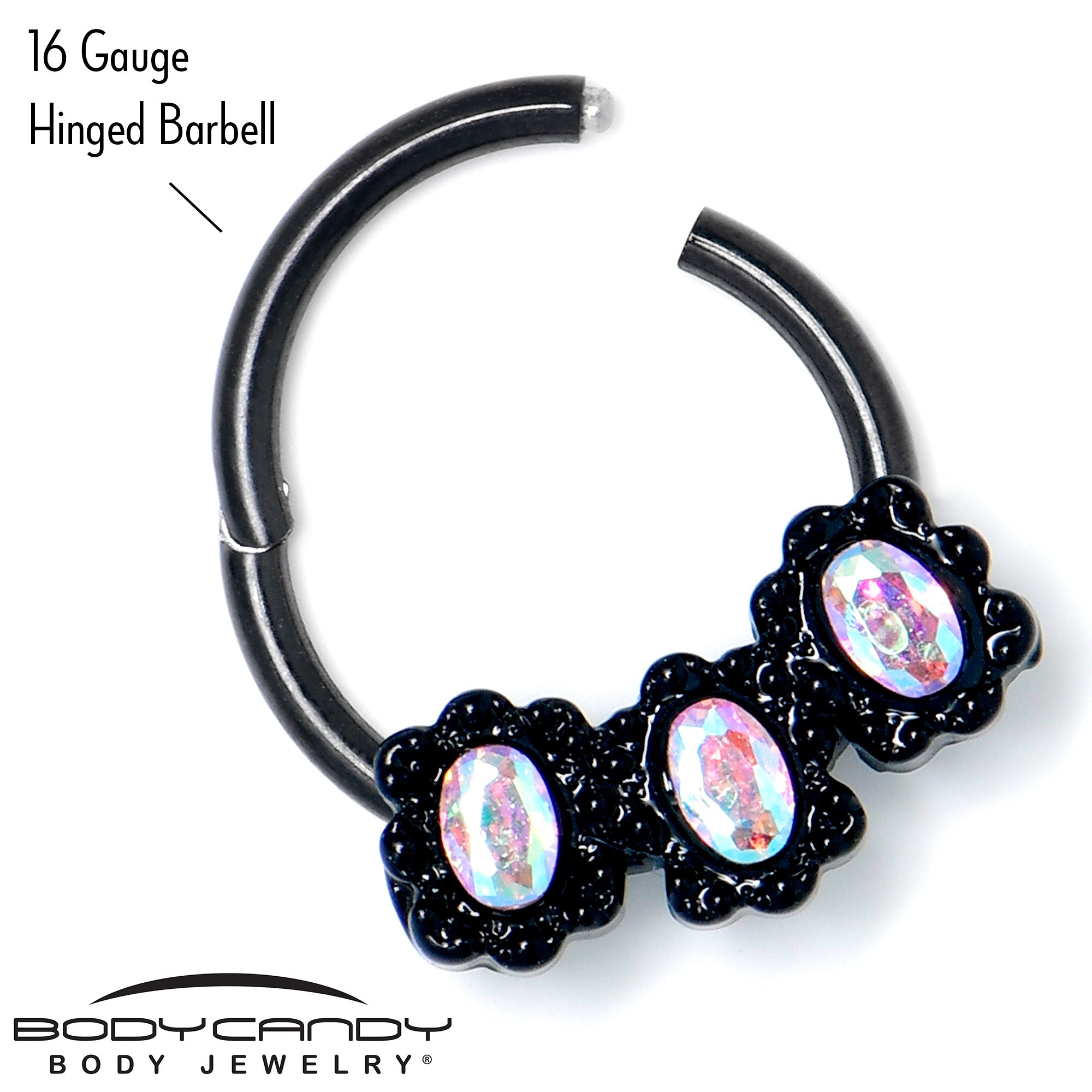 16 Gauge 3/8 Aurora Gem Black Magical Ovals Hinged Segment Ring