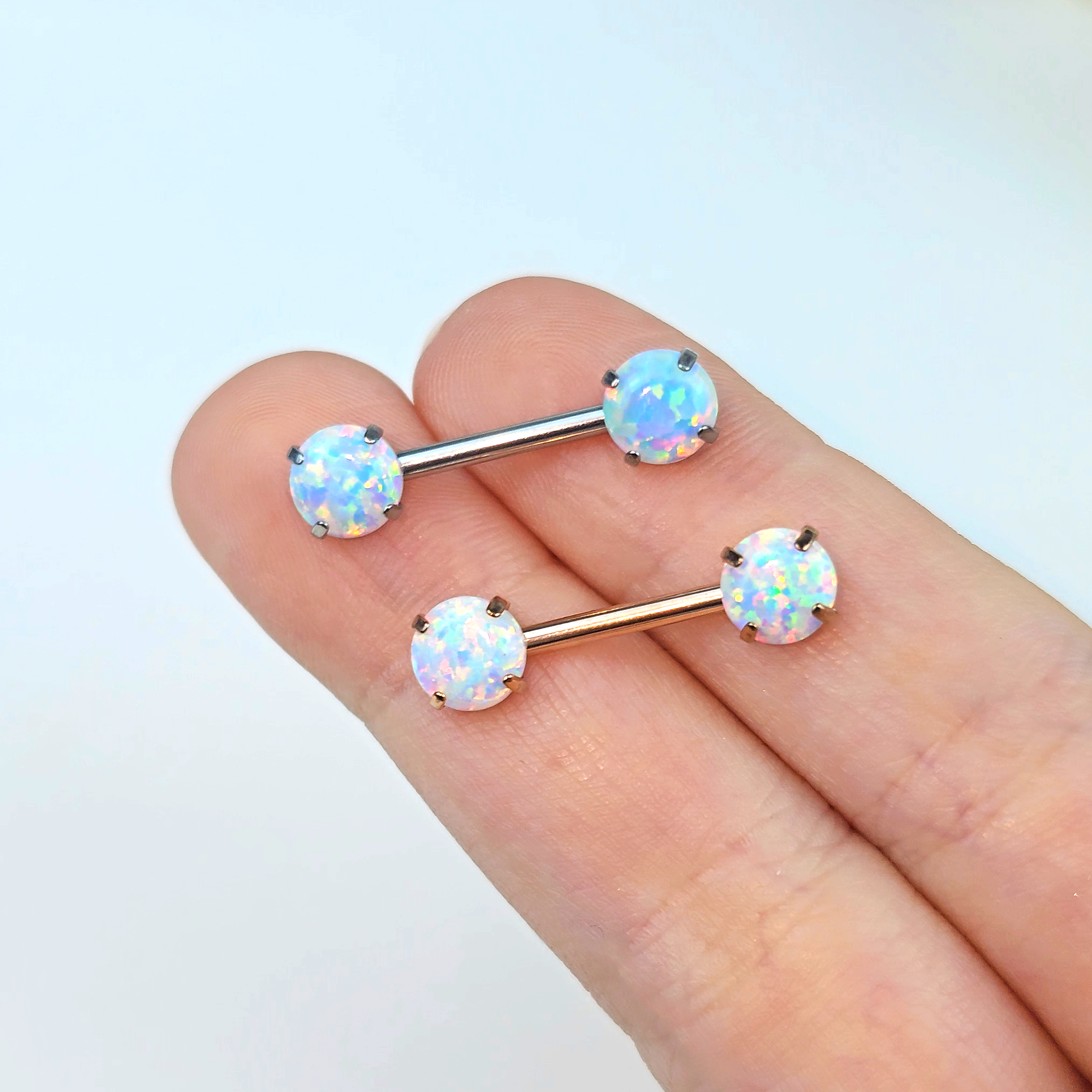 14 Gauge 1/2 White Synthetic Opal Threadless Barbell Nipple Ring Set