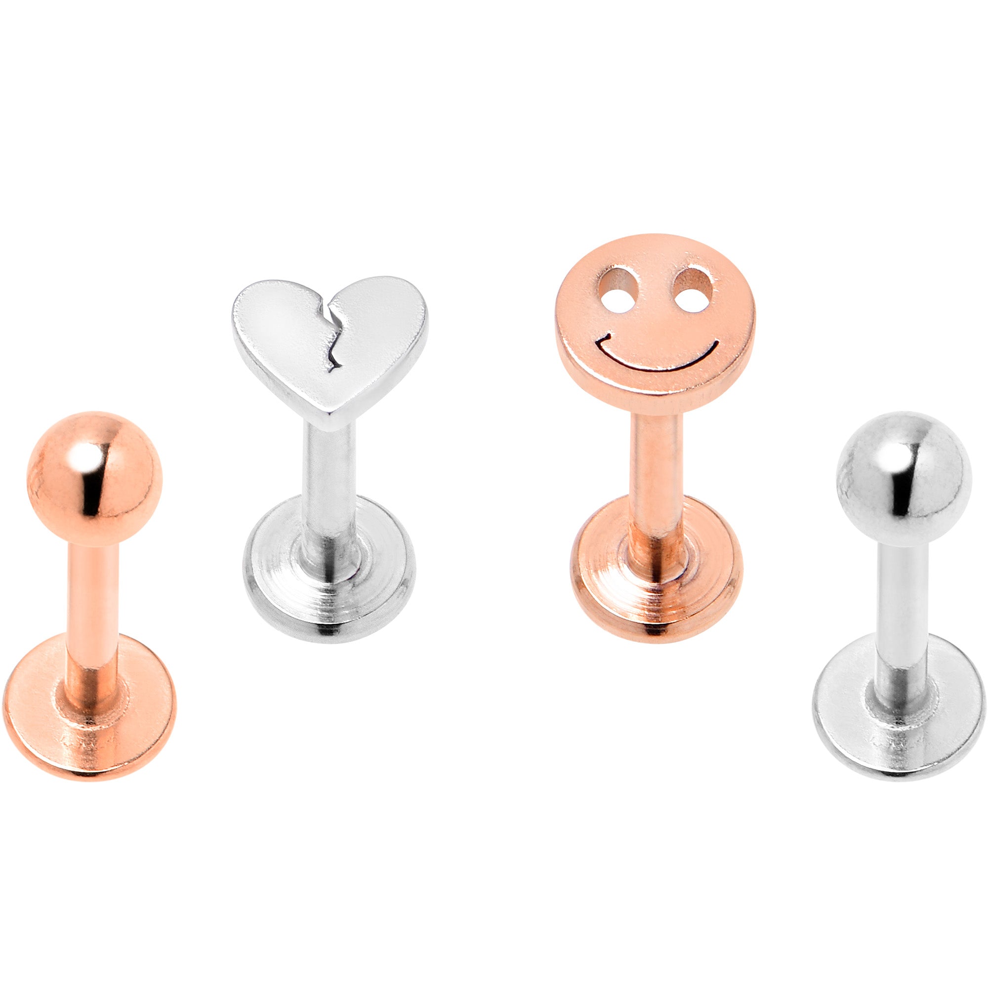 16 Gauge 5/16 Rose Gold Tone Smiling Face Broken Heart Labret Set of 4