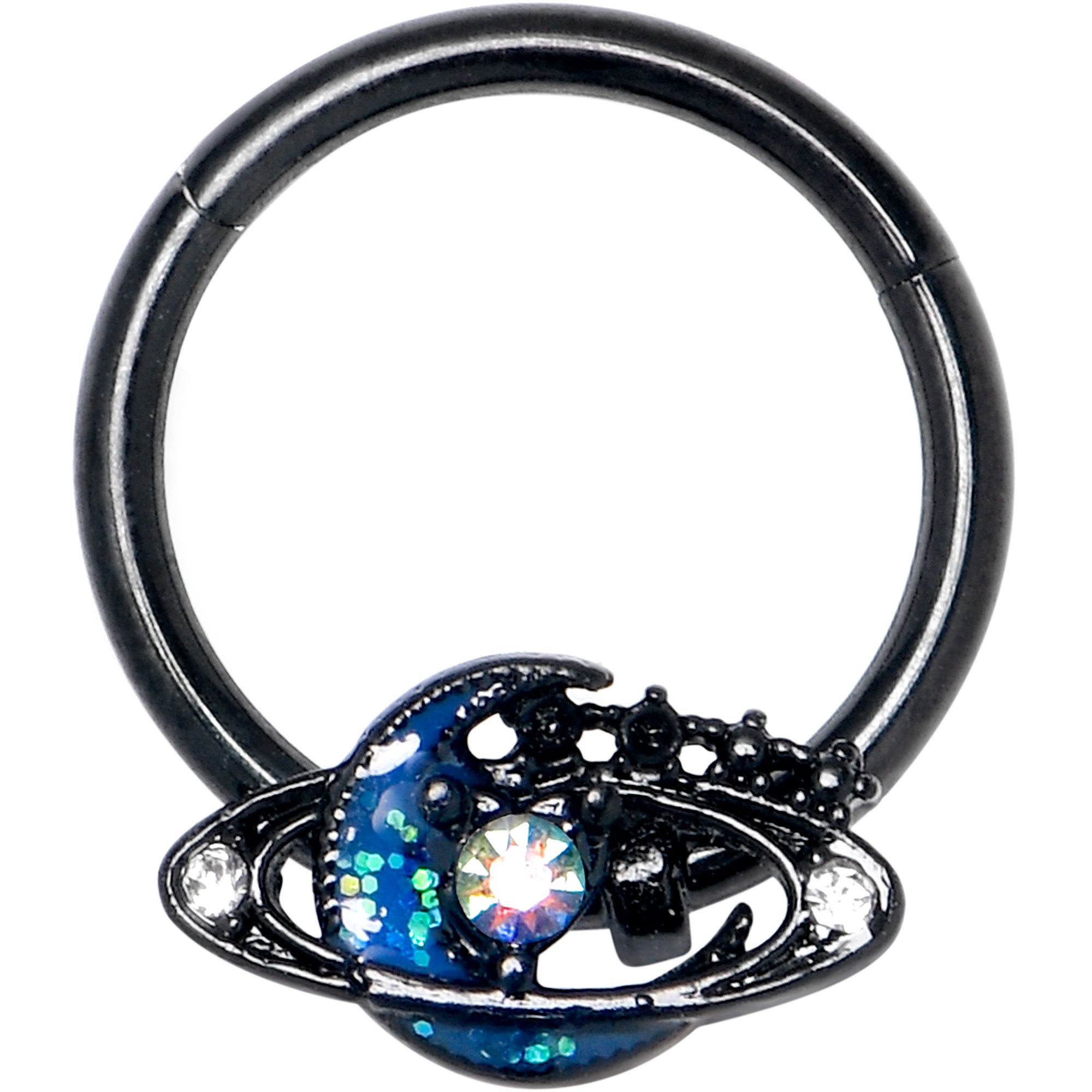 16 Gauge 3/8 Aurora Gem Black Saturn Space Moon Hinged Segment Ring